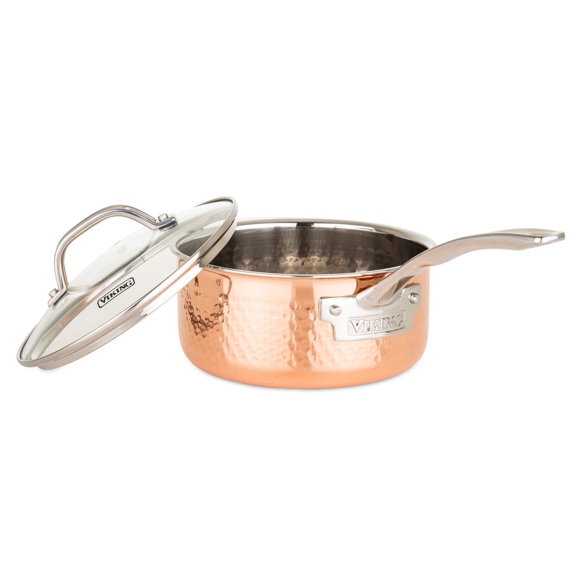 The Viking Culinary Products 3-Ply Hammered Copper Clad 10-Piece Cookware Set features a copper finish, stainless steel interior, long handles, and matching glass lids.