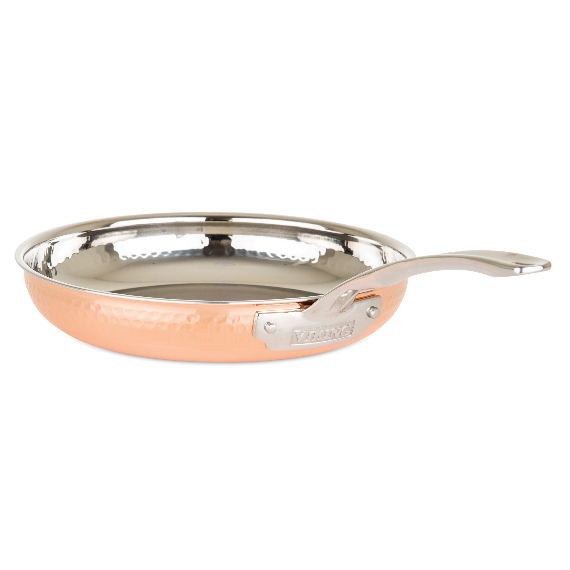 The Viking 3-Ply Hammered Copper Clad 10-Piece Cookware Set by Viking Culinary Products features a stainless steel interior, curved metal handles, and glass lids, displayed on a white background.