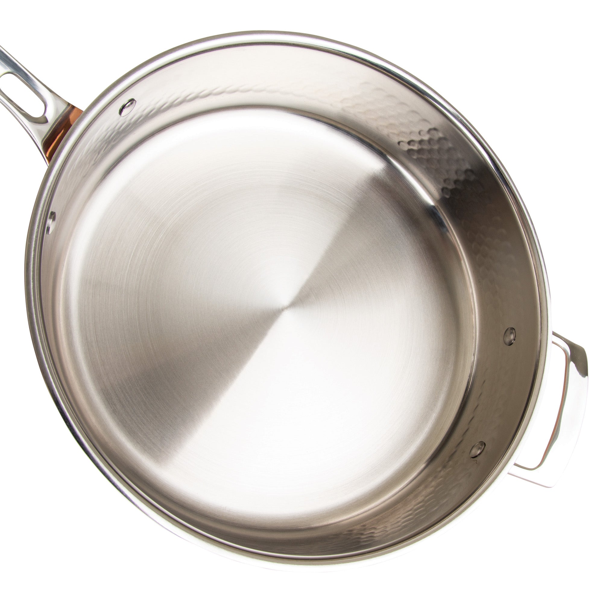 A top-down view of a shiny, empty Viking Culinary Products 3-Ply Hammered Copper Clad frying pan with stainless steel interior and two handles from the 10-piece cookware set, set against a white background.