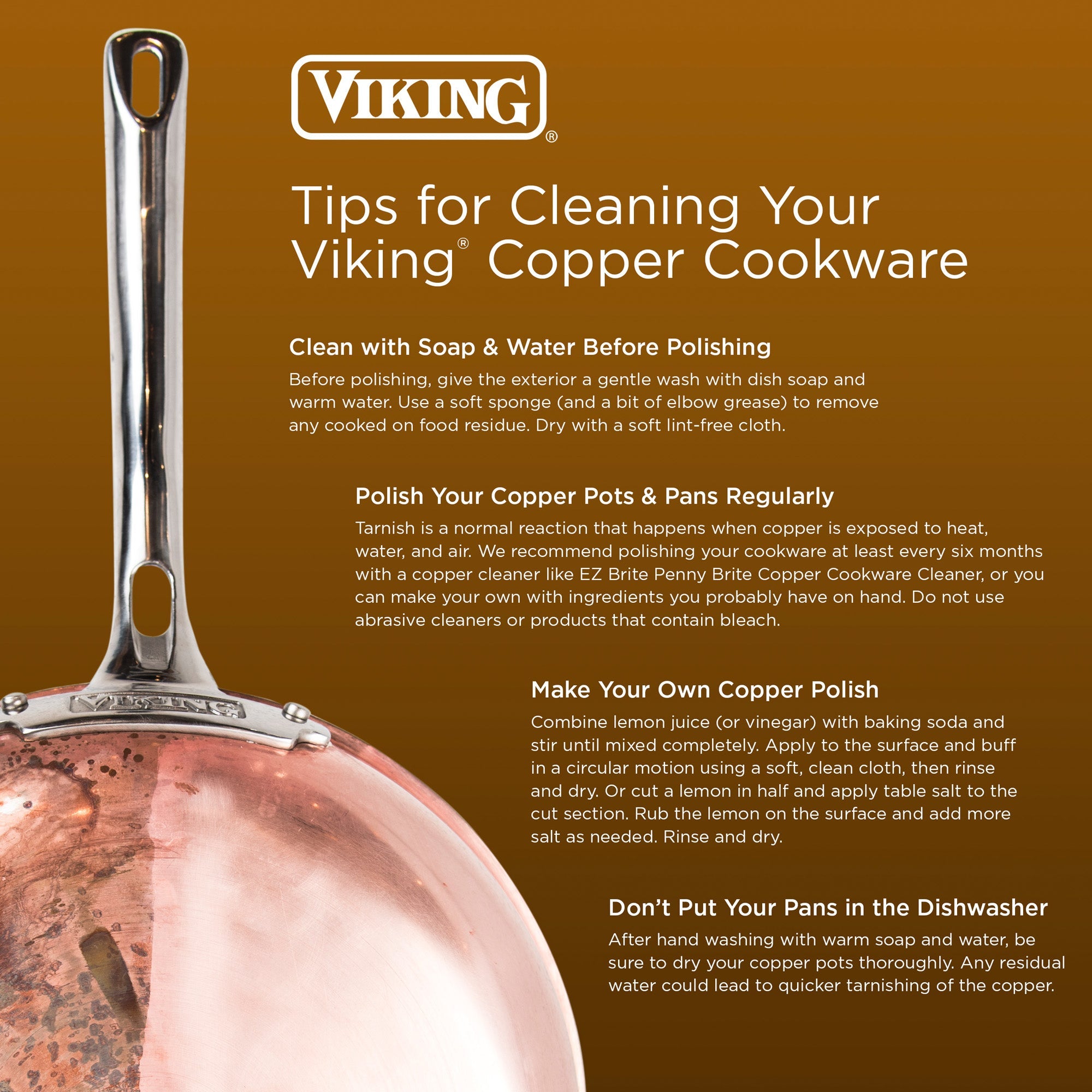 A Viking Culinary Products guide shows a Viking 3-Ply Hammered Copper Clad 10-Piece Cookware Set with Glass Lids, offering care tips like washing with soap, using copper polish, and avoiding dishwashers. Pan has a stainless steel interior.