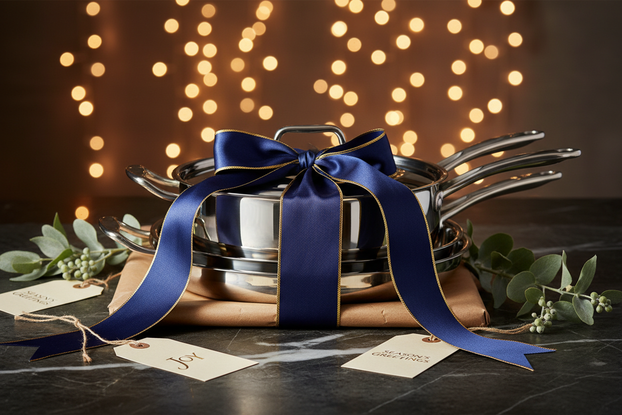A set of shiny stainless steel pans with a blue ribbon sits on wrapped paper, with holiday tags reading “Joy” and “Season’s Greetings.” Warm string lights are blurred in the background.