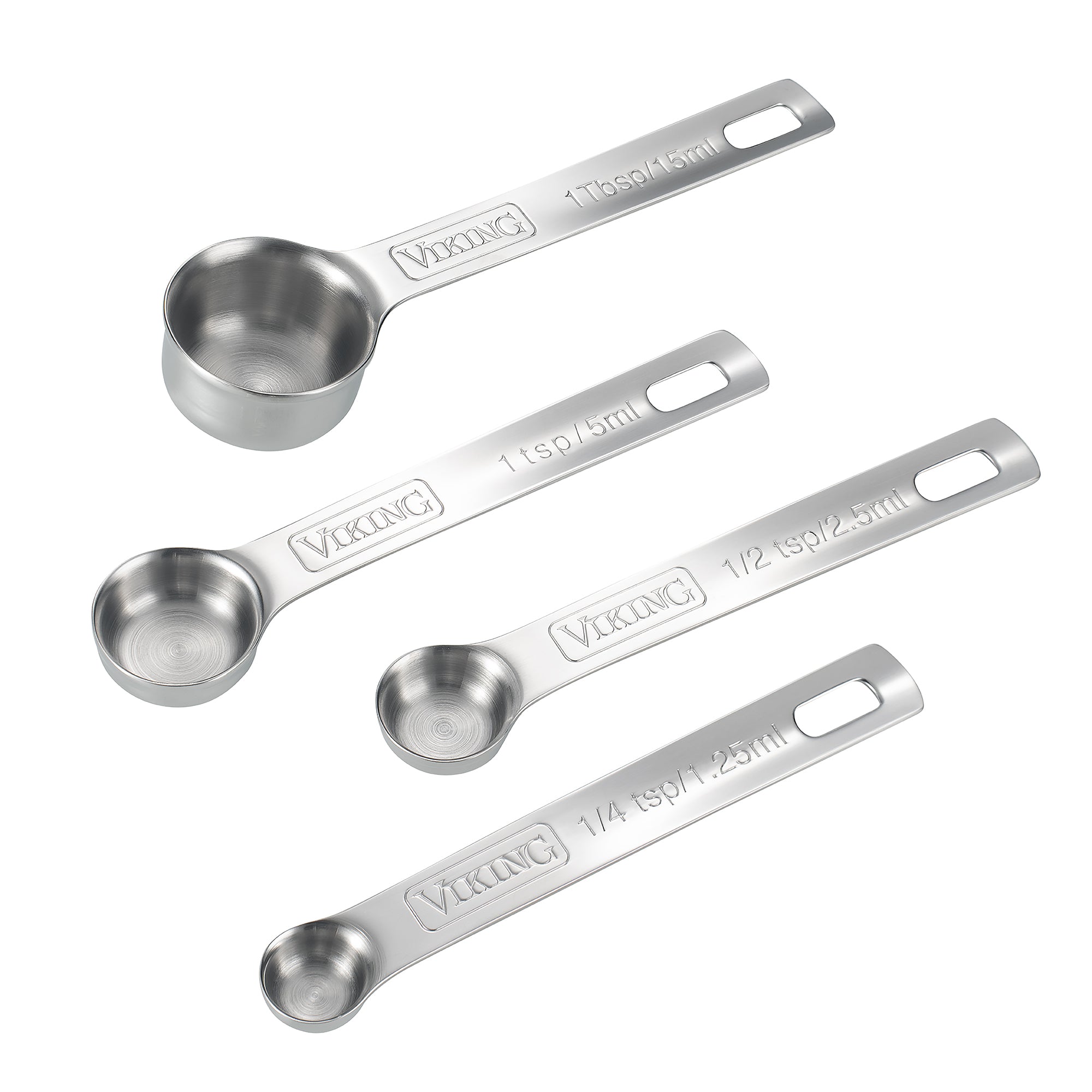 The Viking Culinary Products Viking 4pc Stainless Steel Measuring Spoon Set includes 1 tbsp, 1 tsp, 1/2 tsp, and 1/4 tsp spoons with engraved labels that nest together and are dishwasher safe.