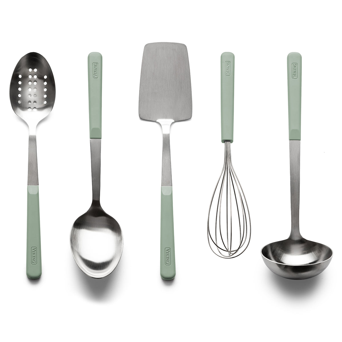Viking ABS Handle 5pc Tool Set, Eucalyptus, featuring five stainless steel kitchen utensils with ergonomic sage green handles: a slotted spoon, solid spoon, turner, whisk, and ladle.