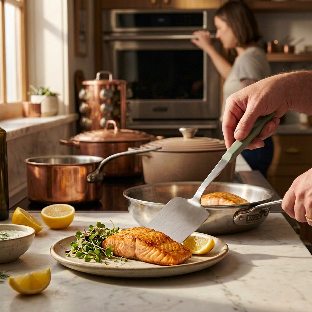 A hand uses a stainless steel utensil from the Viking ABS Handle 5pc Tool Set, Eucalyptus to lift a piece of cooked salmon from a pan onto a plate with its sage green handle.