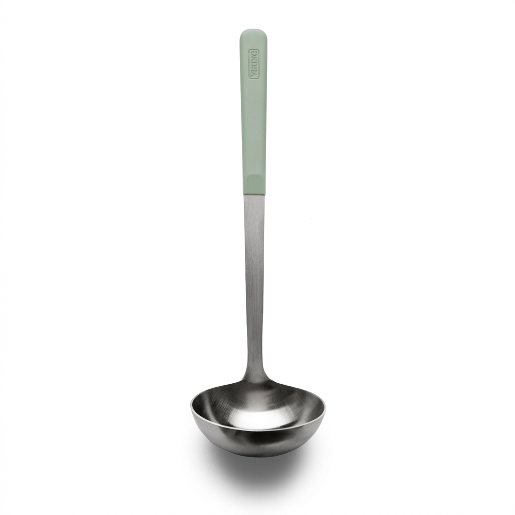Stainless steel soup ladle from the Viking ABS Handle 5pc Tool Set, Eucalyptus, featuring an ergonomic, light green handle.