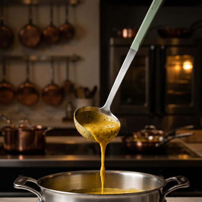 A stainless steel Viking ABS Handle 5pc Tool Set ladle with an ergonomic eucalyptus handle pours yellow soup into a pot.