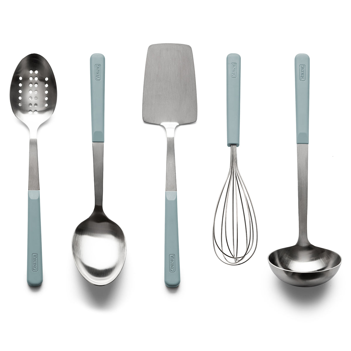 A Viking ABS Handle 5pc Tool Set, November Sky featuring five stainless steel kitchen tools with ergonomic matte light blue handles, including a slotted spoon, solid spoon, turner, whisk, and ladle.