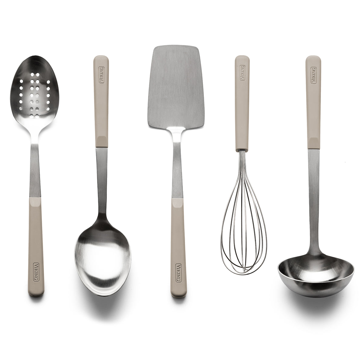 Viking ABS Handle 5pc Tool Set, Nantucket: a kitchen set of five stainless steel utensils with light-colored handles arranged in a row, including a slotted spoon, a solid spoon, a flat spatula, a whisk, and a ladle.