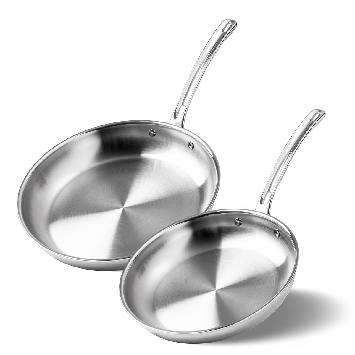 Two Viking Artisan 3-Ply 2-Piece Fry Pan Set 10″ and 12″ pans with shiny surfaces and long handles are stacked at an angle on a white background, highlighting induction compatible Viking Culinary Products.
