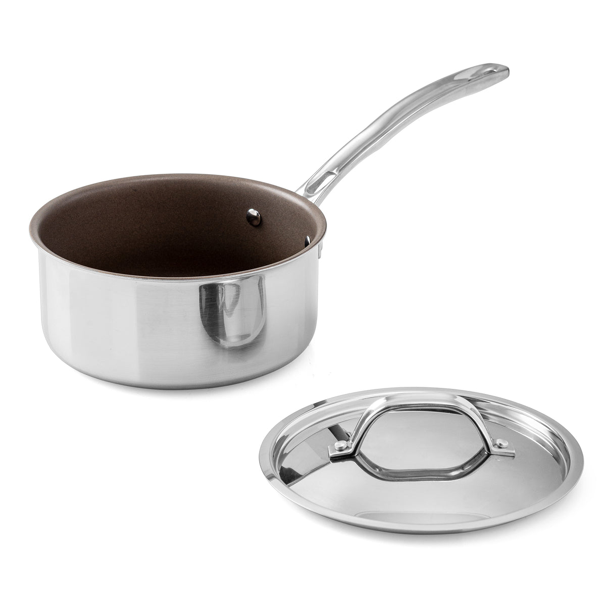 Viking PureGlide Pro 3-Ply 2-Quart Sauce Pan with Metal Lid featuring a brown, chemical-free nonstick interior and a matching lid.