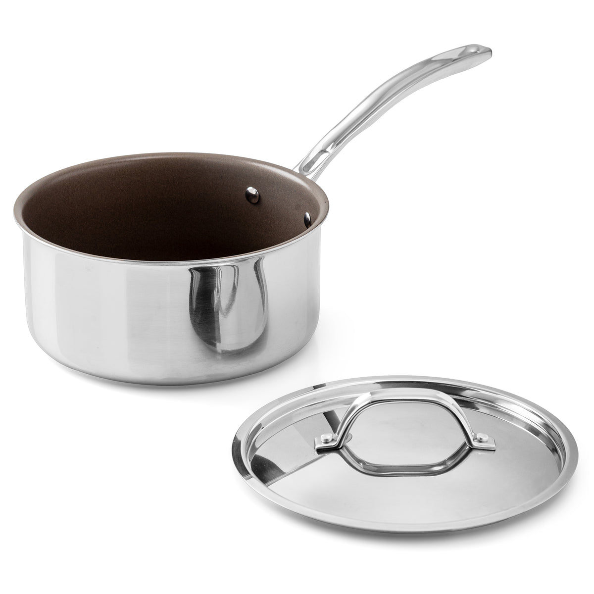 A Viking PureGlide Pro 3-Ply 3-Quart Sauce Pan with Metal Lid, featuring a stainless steel exterior, brown interior, and long handle, shown next to its matching lid for healthy cooking.