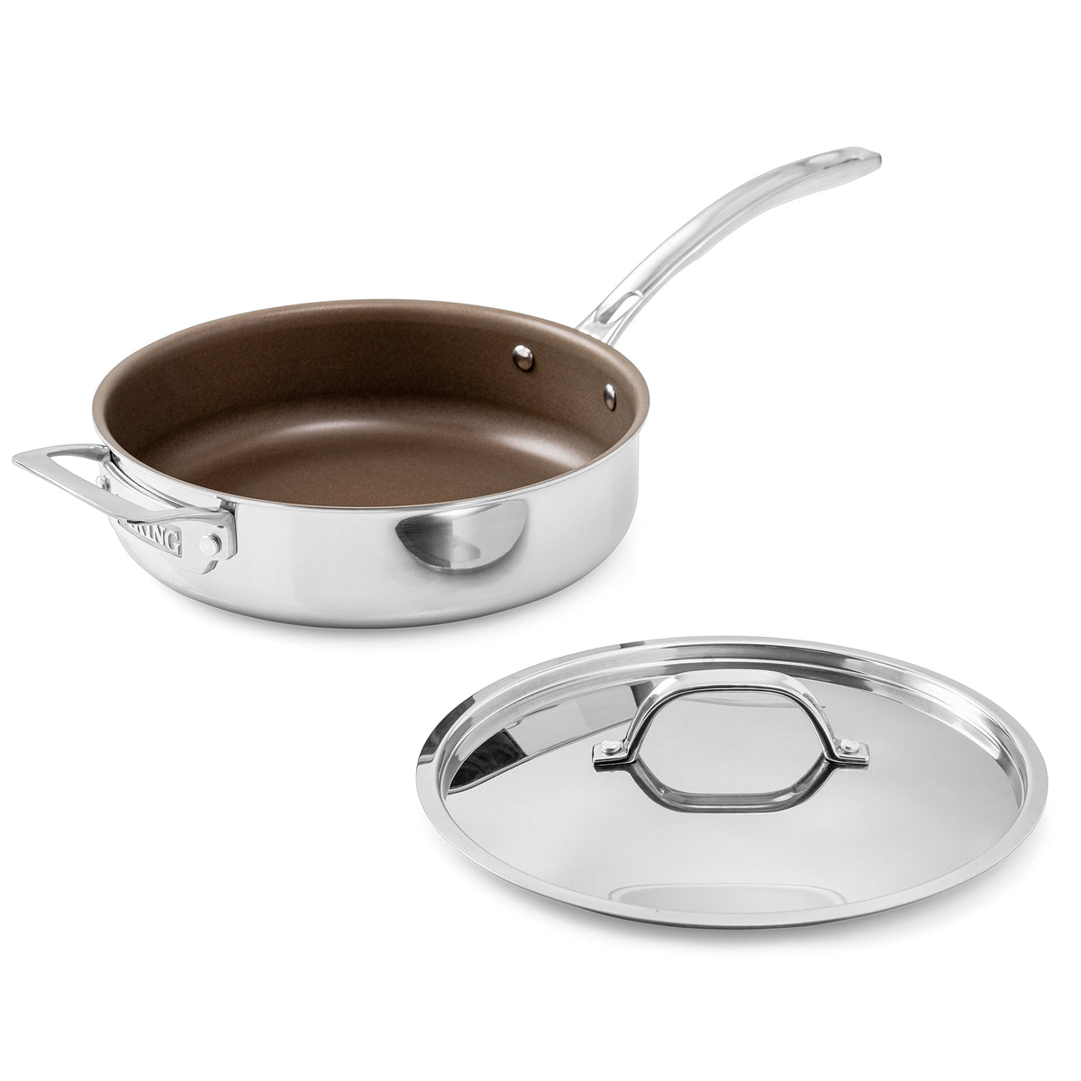 Viking PureGlide Pro 3-Ply 4.5-Quart Saute Pan with Metal Lid featuring a stainless steel body, brown titanium non-stick interior, long handle, helper handle, and matching metal lid.