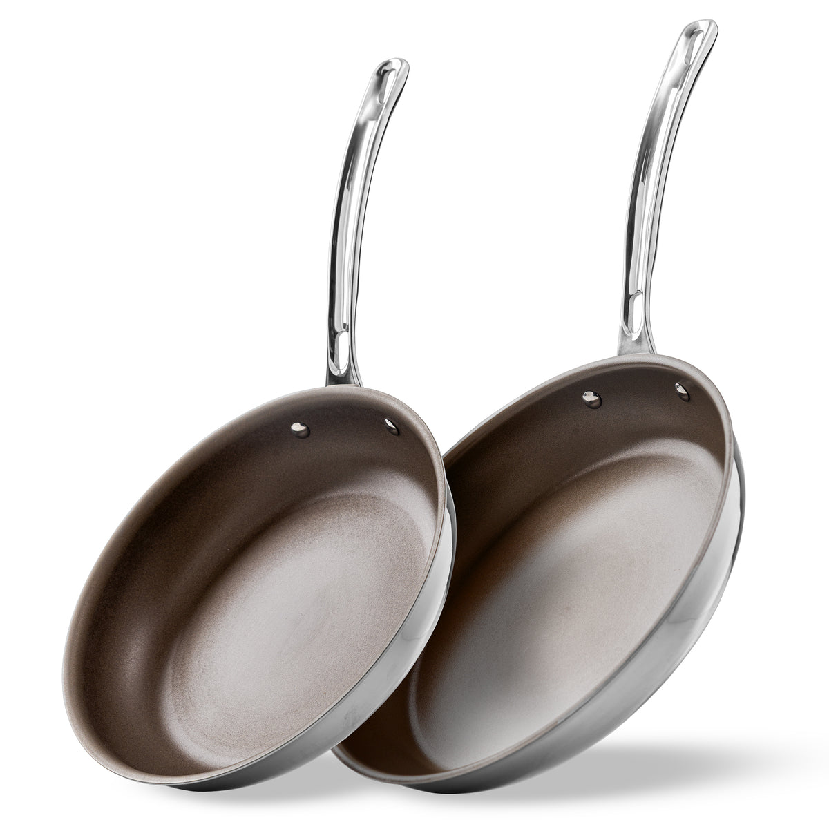 Two Viking PureGlide Pro 3-Ply 2-Piece Fry Pan Set 9.5″ and 11″ stainless steel titanium nonstick frying pans of different sizes standing upright.
