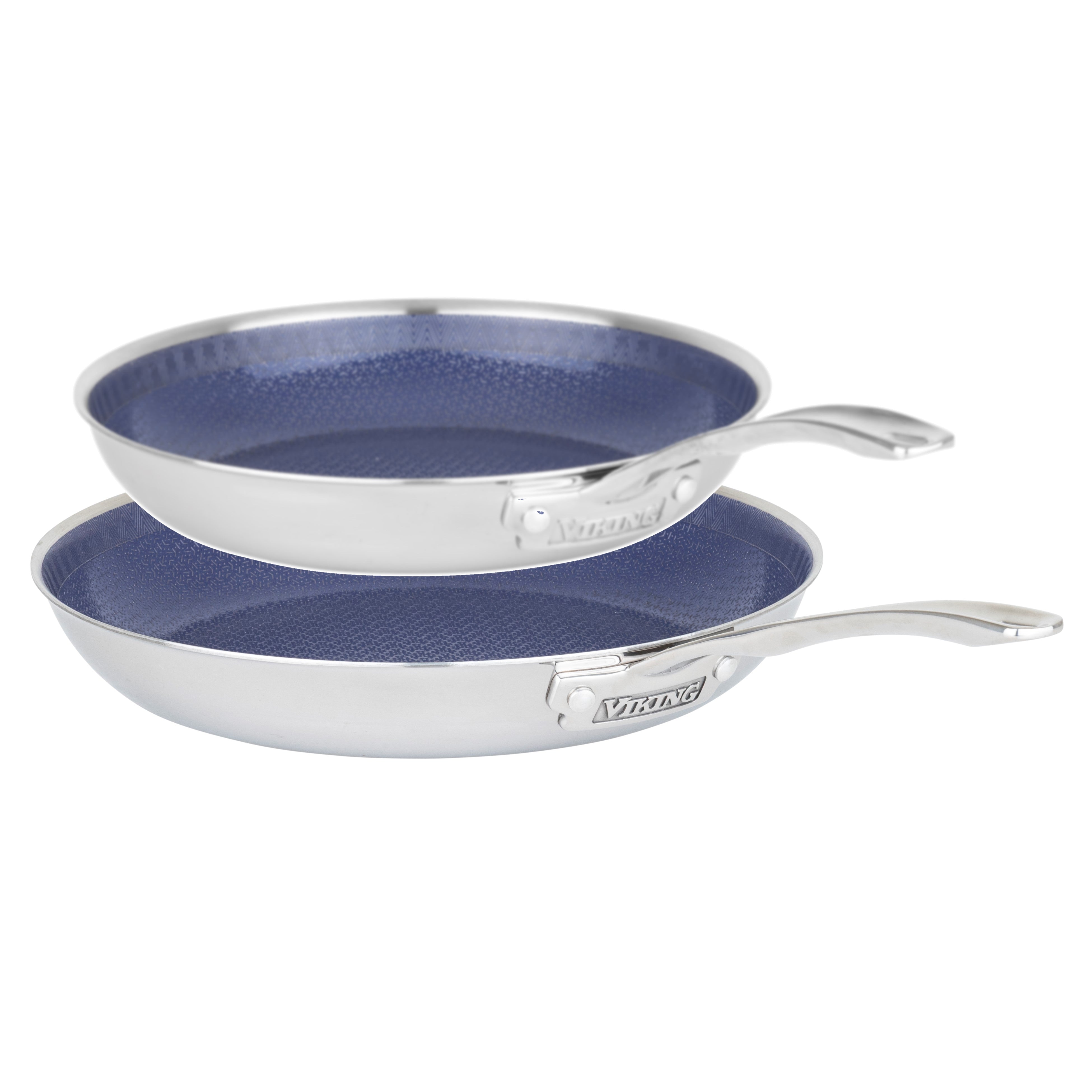 The Viking 3-Ply Hybrid Plus Ceramic 2 Pc Nonstick Fry Pan Set (9.5" & 11") by Viking Culinary Products features silver pans with blue ceramic nonstick interiors and a metallic finish for easy cooking and cleaning.