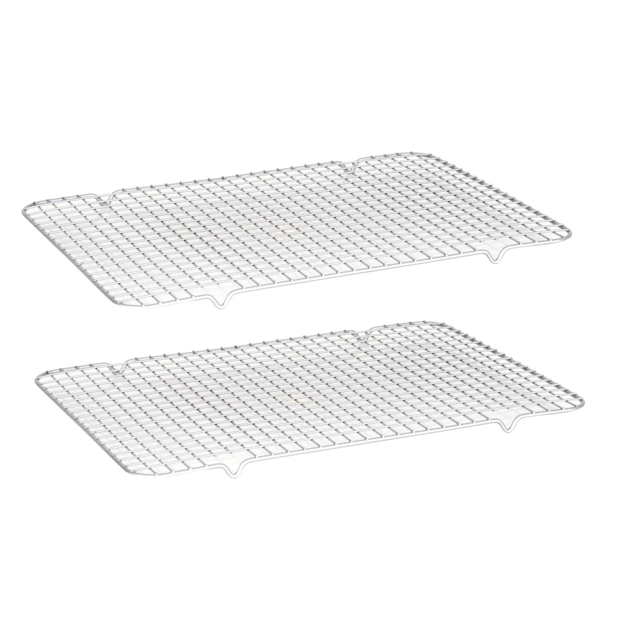 The Viking 2-pc Cooling Rack Set by Viking Culinary Products is shown side by side on a white background. Each rack has four feet for elevation and fits perfectly in a Viking 17-inch baking sheet.