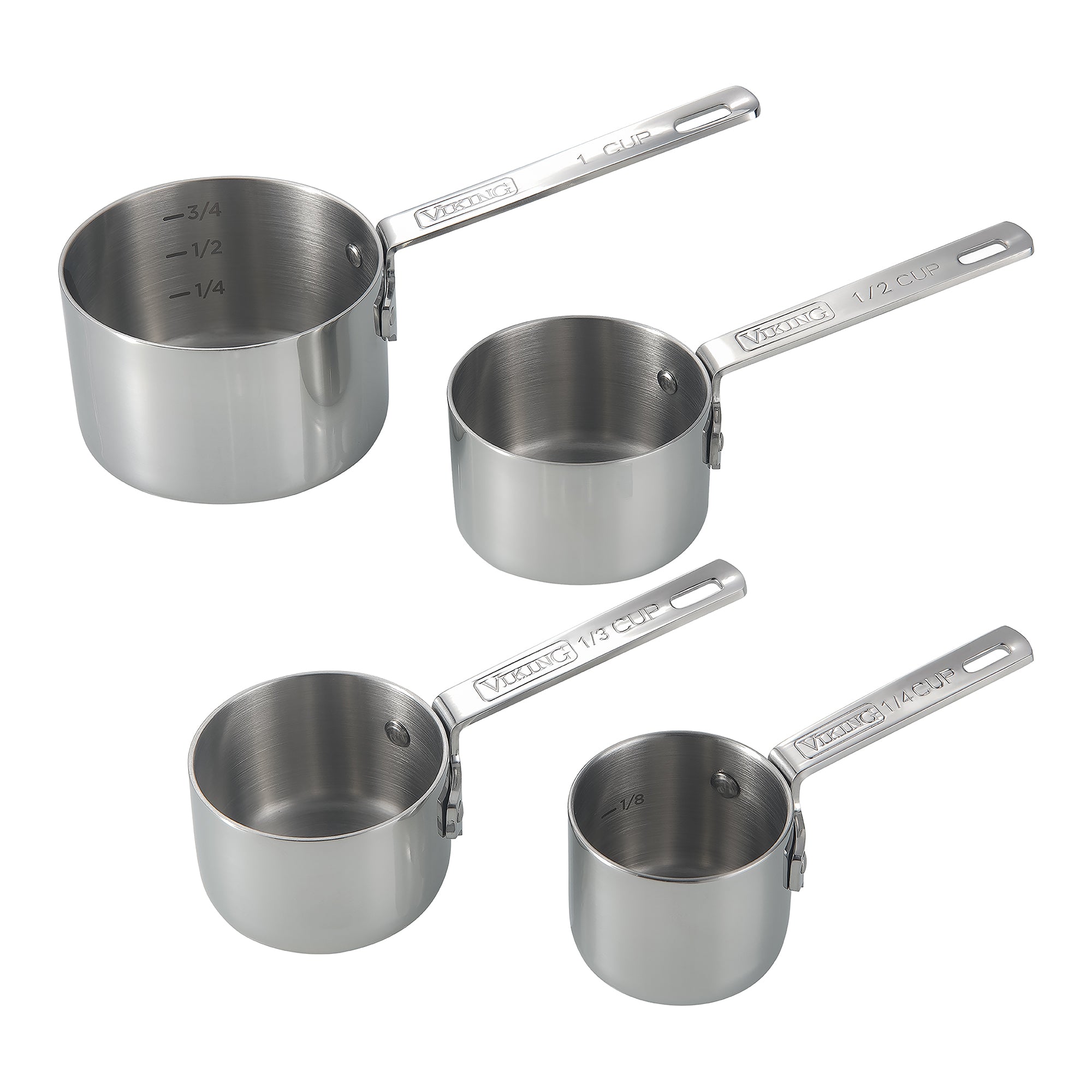 The Viking Stainless Steel Measuring Cup Set by Viking Culinary Products includes four dishwasher-safe cups (1 cup, 1/2 cup, 1/3 cup, 1/4 cup), each with a long handle for easy and precise measuring.