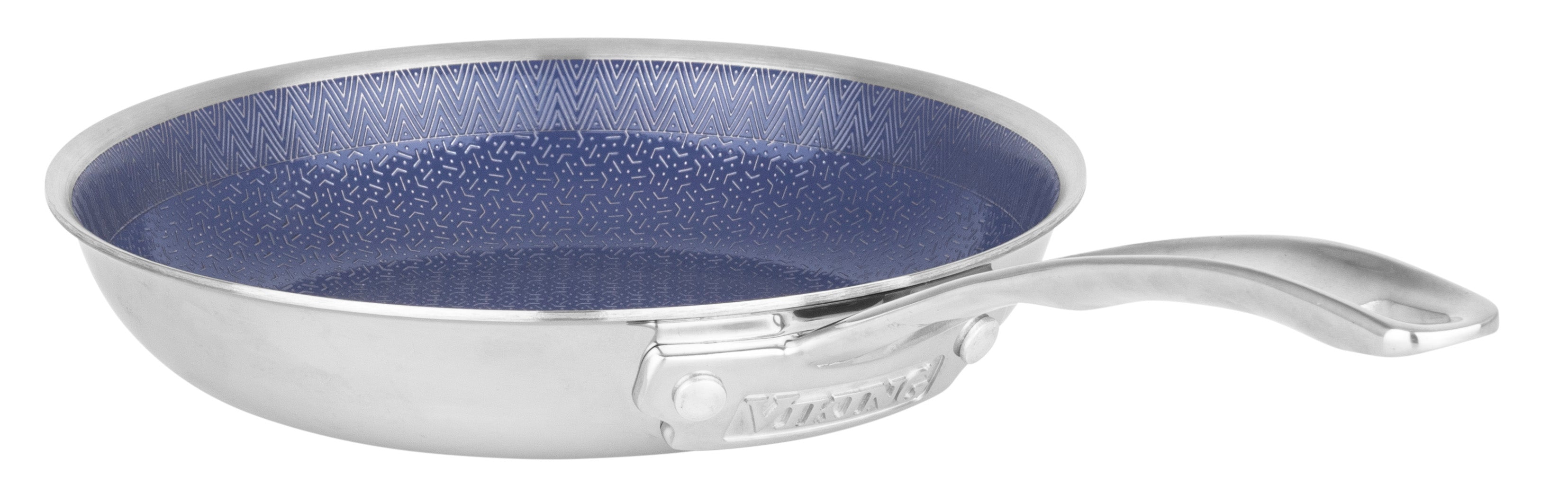 The Viking Culinary Products 3-Ply Hybrid Plus Ceramic 8-inch Nonstick Fry Pan features a stainless steel body, shiny silver handle, and blue patterned nonstick interior, displayed elegantly on a white background.