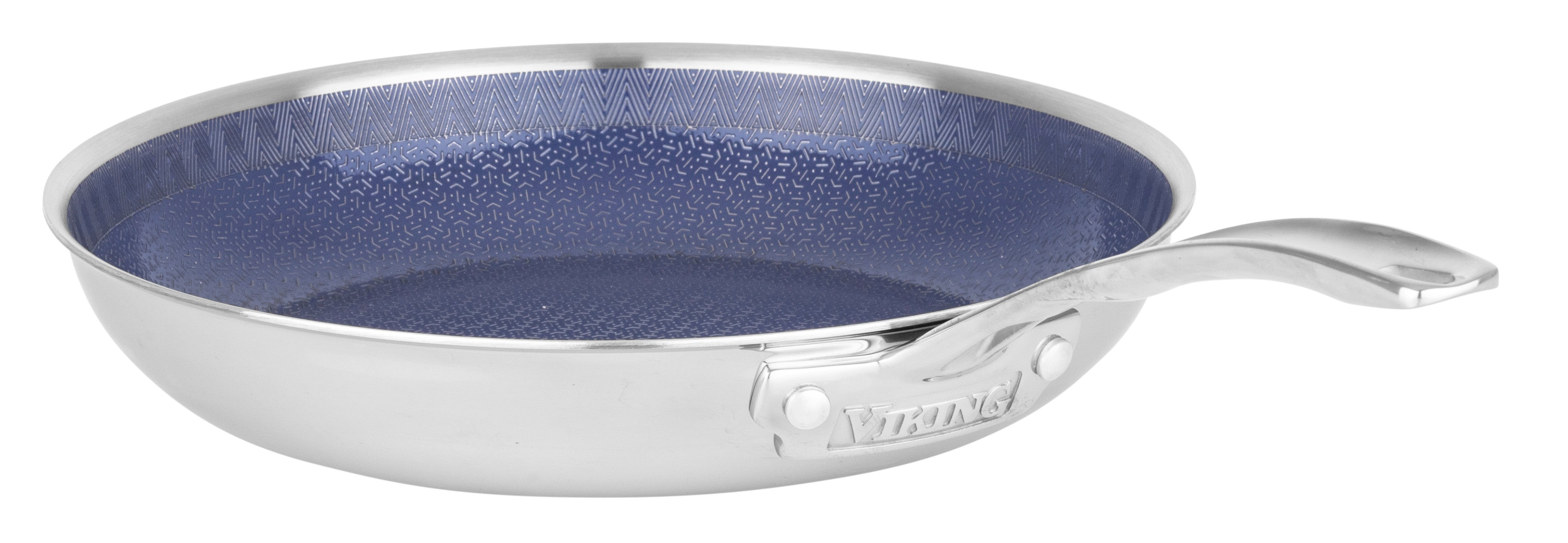 The Viking 3-Ply Hybrid Plus Ceramic 10-inch Nonstick Fry Pan by Viking Culinary Products features a textured blue nonstick interior, curved handle embossed with the brand name, and is induction compatible. Shown empty against a white background.