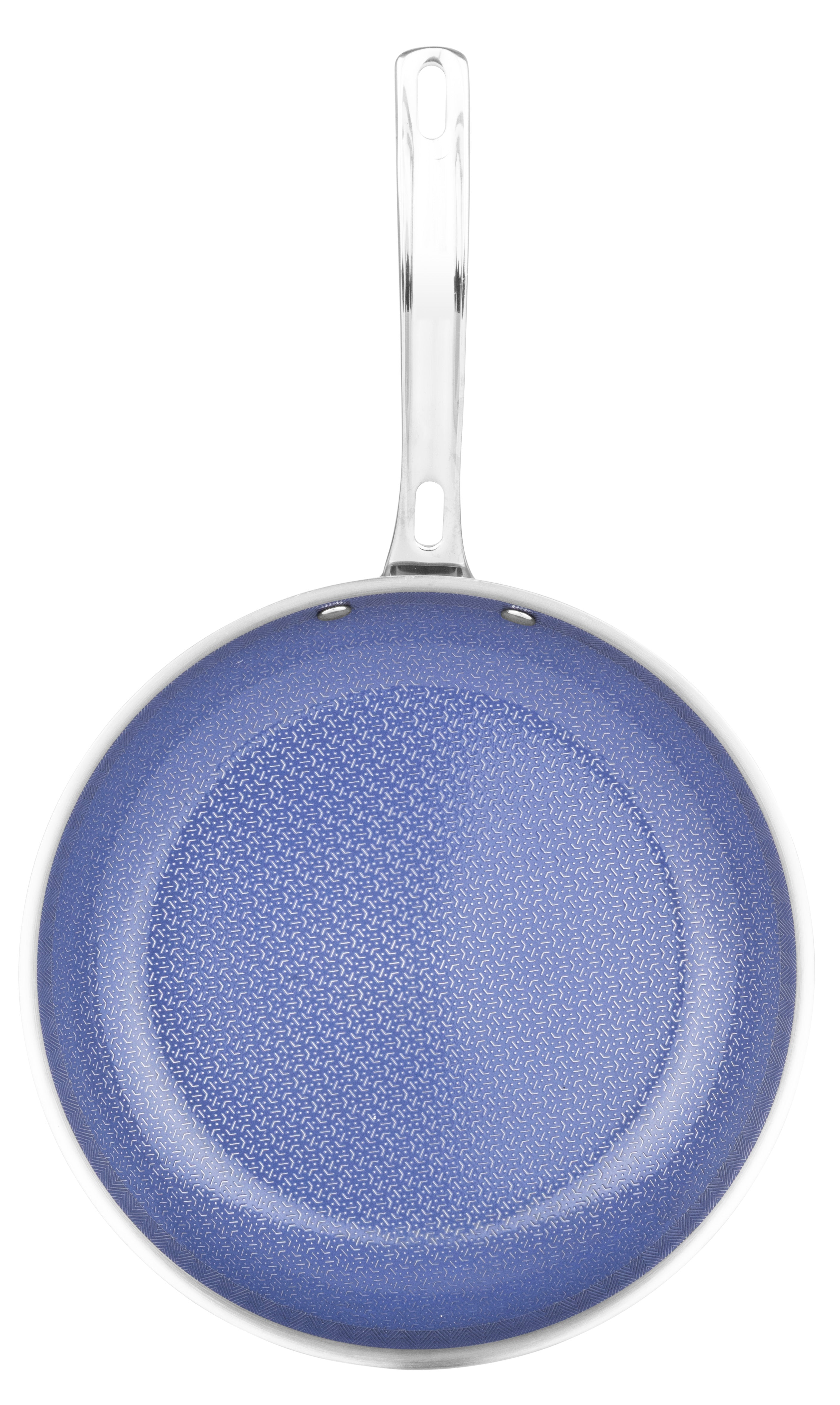 The Viking Culinary Products Viking 3-Ply Hybrid Plus Ceramic 10-inch Nonstick Fry Pan features a blue textured nonstick surface, metal handle, and is induction compatible, shown from above on a white background.