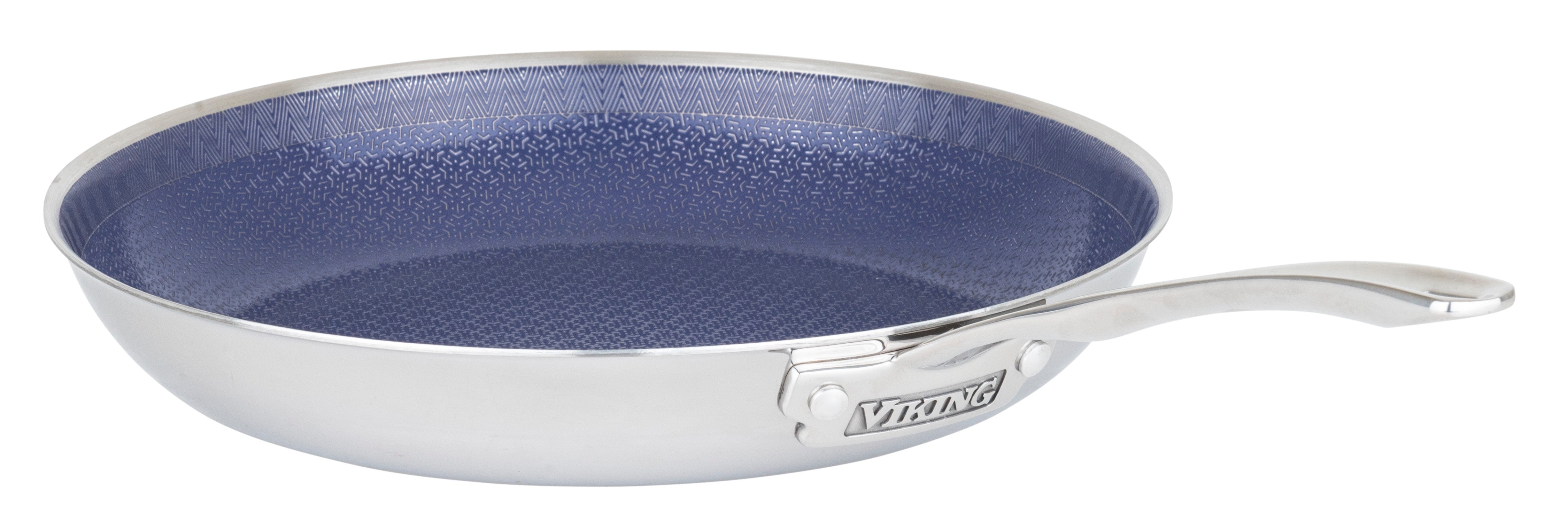 The Viking 3-Ply Hybrid Plus Ceramic 12-inch Nonstick Fry Pan from Viking Culinary Products features a textured blue nonstick interior, stainless steel body, and metal handle with logo, ensuring even heating for perfect results.