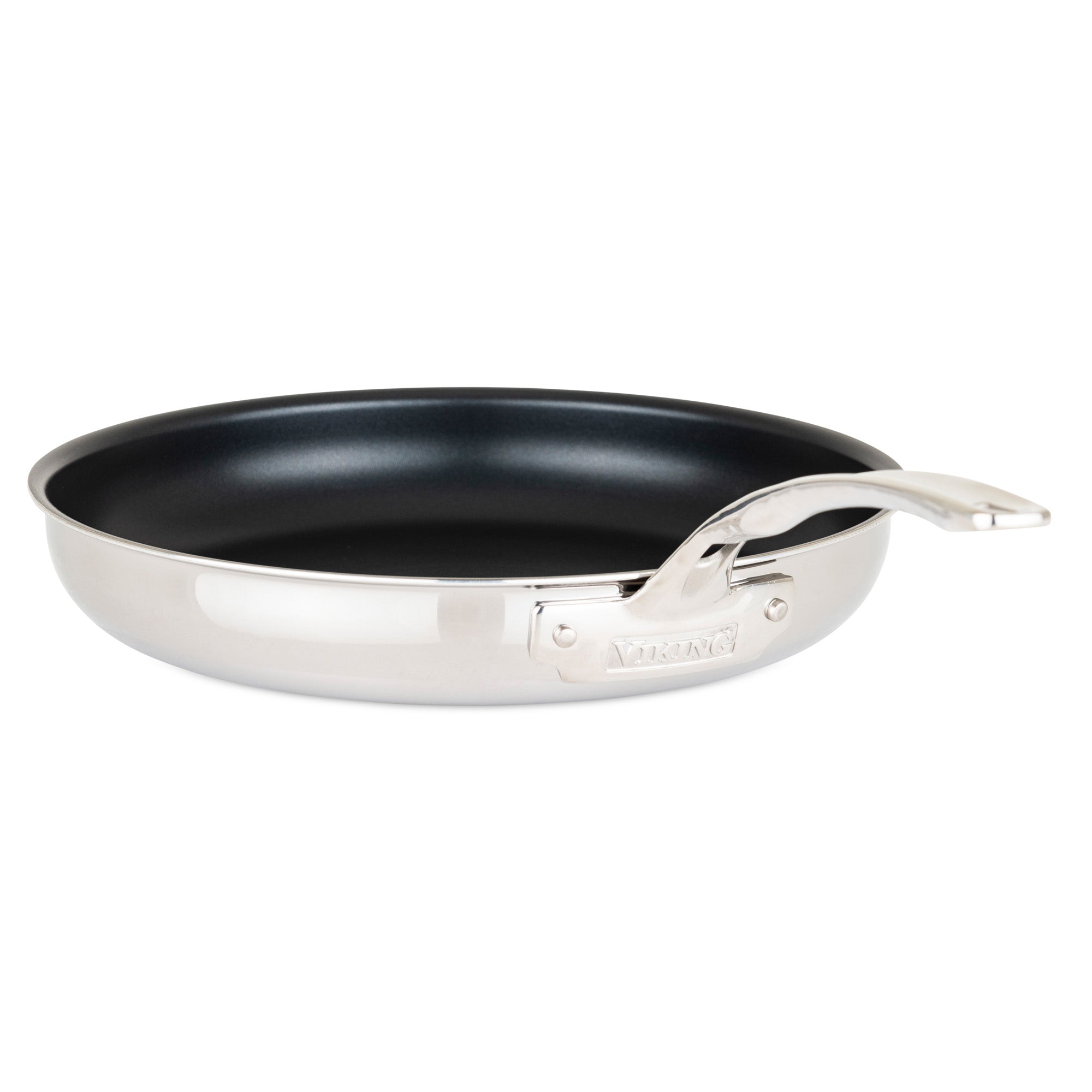 The Viking Culinary Products 3-Ply Stainless Steel Cookware Set features frying pans with black nonstick interiors and curved handles, showcased against a white background.