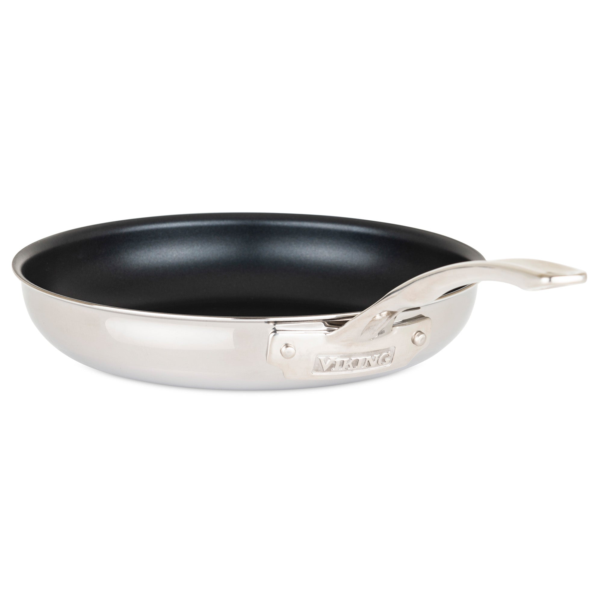 The Viking Culinary Products 3-Ply Stainless Steel 15-Piece Cookware Set with Glass Lids includes nonstick fry pans with black interiors and curved metal handles, displayed on a white background.