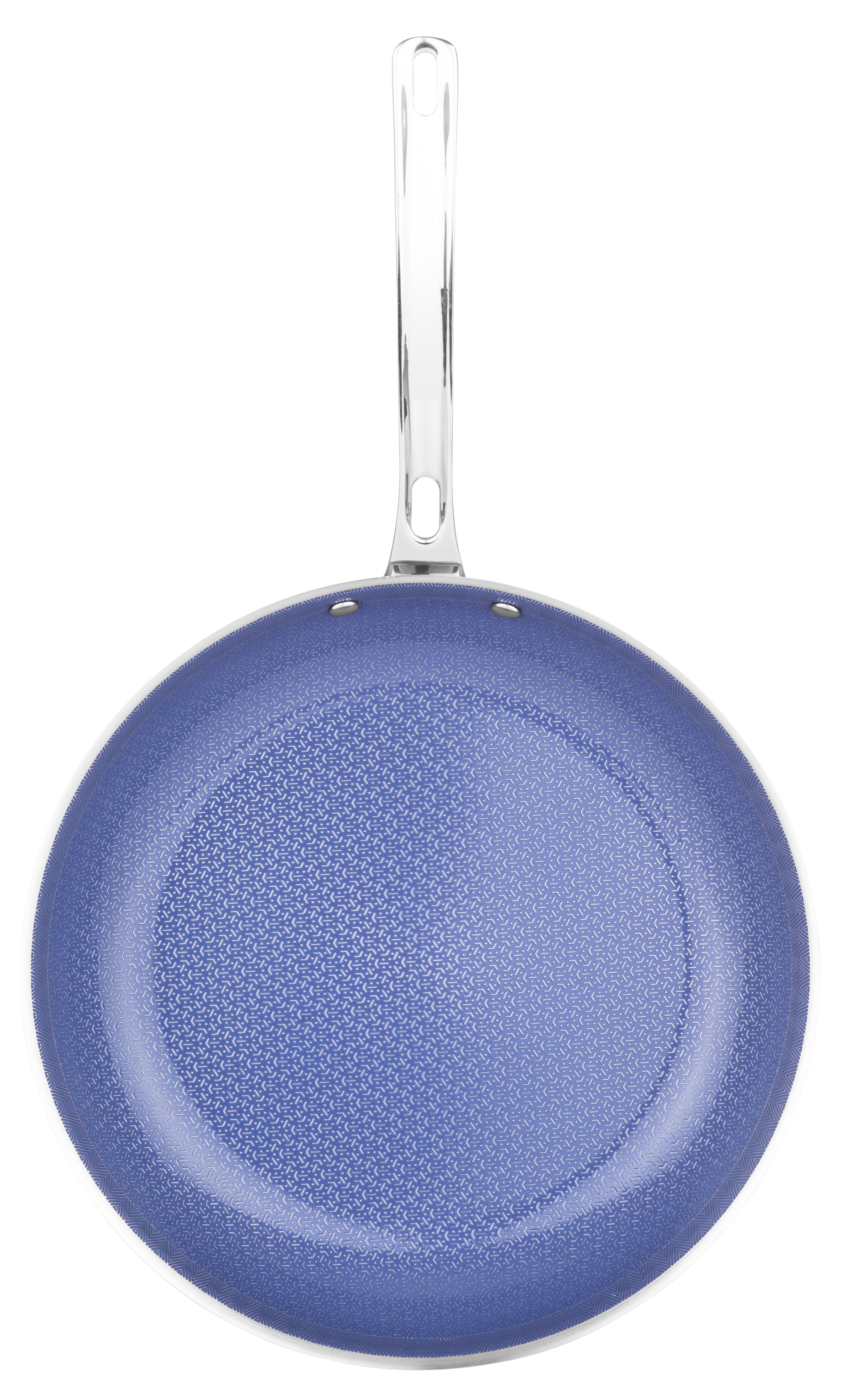 A top-down view of the Viking 3-Ply Hybrid Plus Ceramic 12-inch Nonstick Fry Pan by Viking Culinary Products, featuring a blue finish, silver handle, and patterned surface for even heating, displayed clean and unused on a white background.