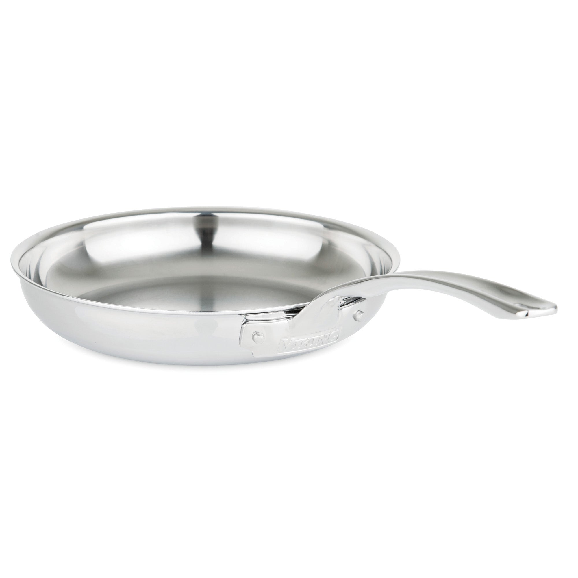The Viking 3-Ply Stainless Steel 15-Piece Cookware Set from Viking Culinary Products is shown with a shiny fry pan, featuring a curved handle, flared sides, smooth reflective surface, and glass lidsâ€”durable and stylish for any kitchen.