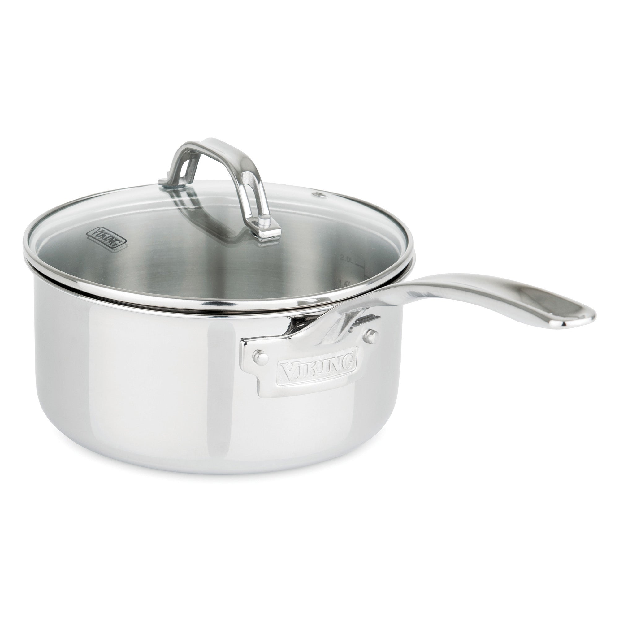 The Viking Culinary Products 3-Ply Stainless Steel 15-Piece Cookware Set includes shiny, reflective saucepans with long handles and glass lids, each featuring the Viking brand logo, shown against a plain white background.