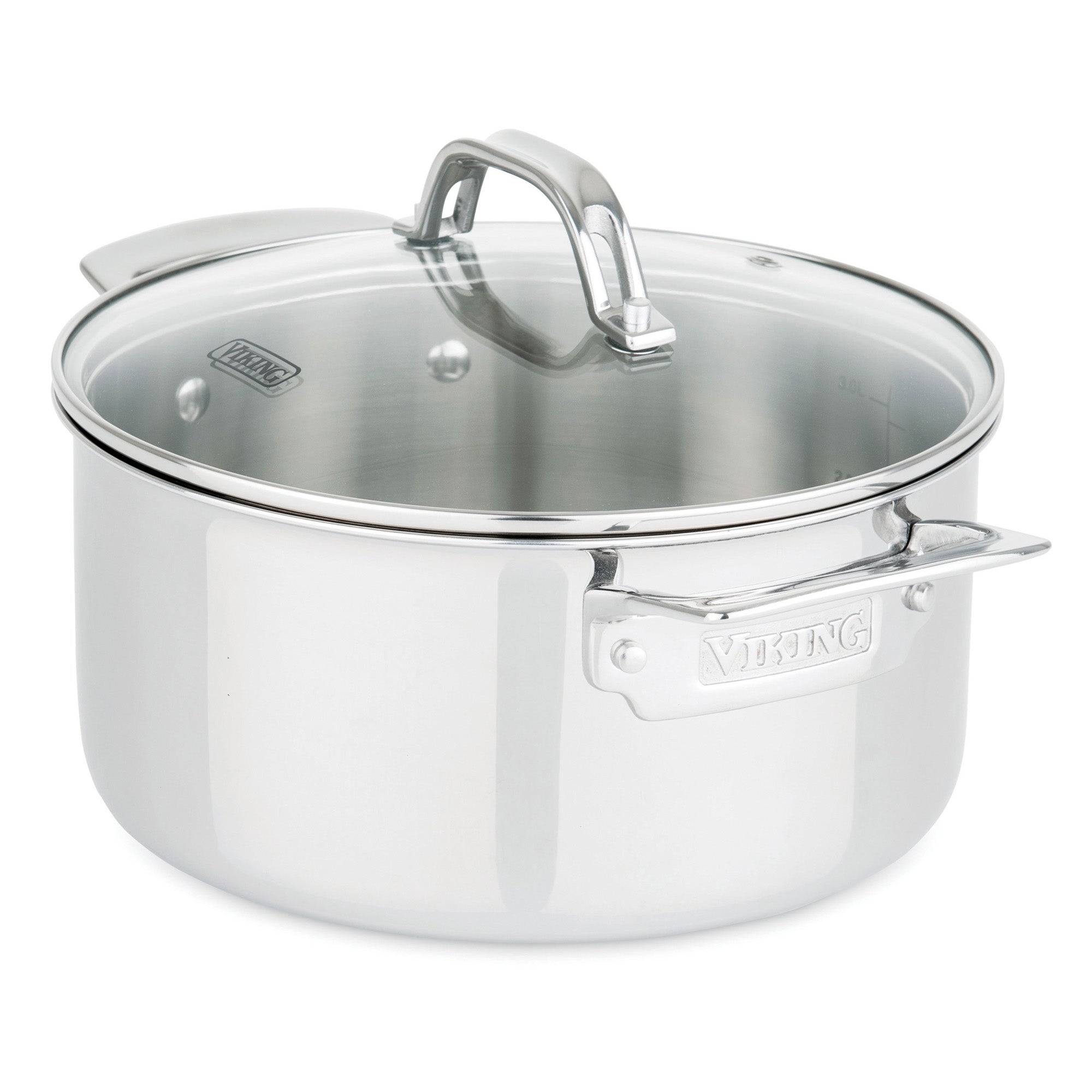 The Viking Culinary Products 3-Ply Stainless Steel 15-Piece Cookware Set features glass lids and metal handles, shown on a white background with the Viking logo embossed, emphasizing its quality and oven-safe design.