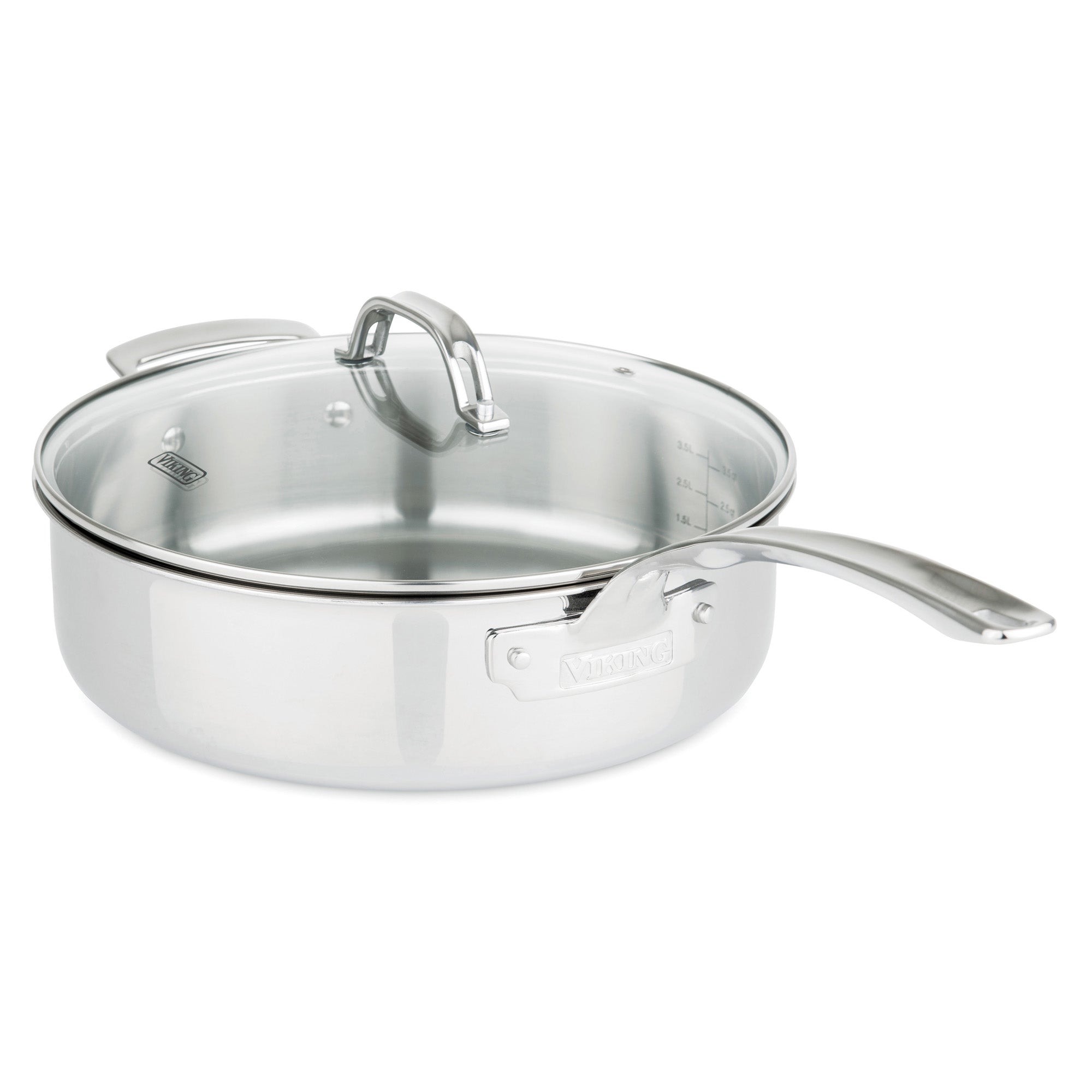 The Viking 3-Ply Stainless Steel 15-Piece Cookware Set from Viking Culinary Products includes a sautÃ© pan with a long handle, glass lid with stainless steel handle, interior measurement markings, and a shiny, reflective finish.