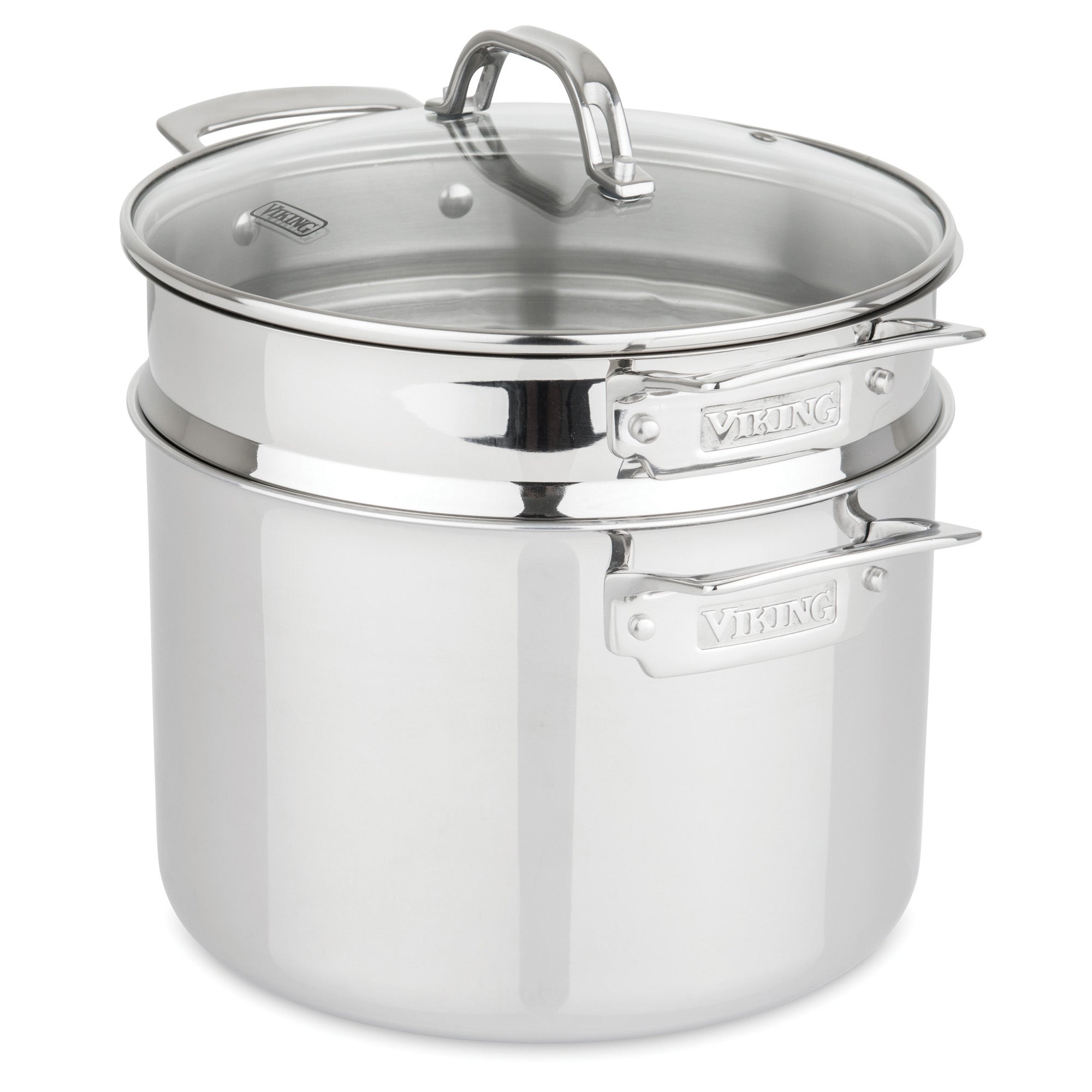The Viking Culinary Products 3-Ply Stainless Steel 15-Piece Cookware Set includes shiny, reflective pots and pans with glass lids and labeled handles for easy use, featuring double boiler inserts for versatile cooking.
