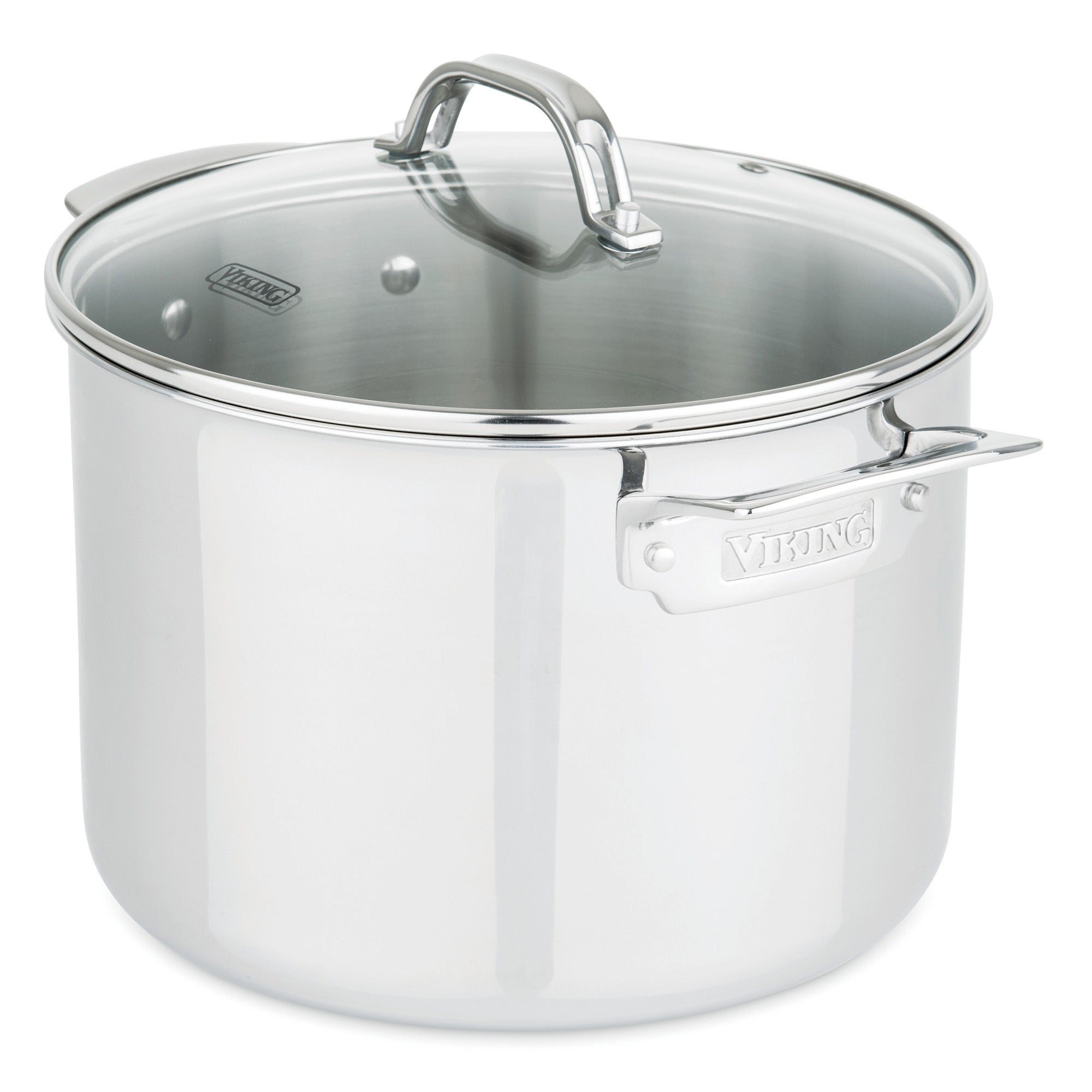 The Viking Culinary Products 3-Ply Stainless Steel Stockpot from the 15-Piece Cookware Set features two handles with the brand name on one, a clear glass lid, and sits on a white background. This oven-safe pan is part of their renowned cookware line.