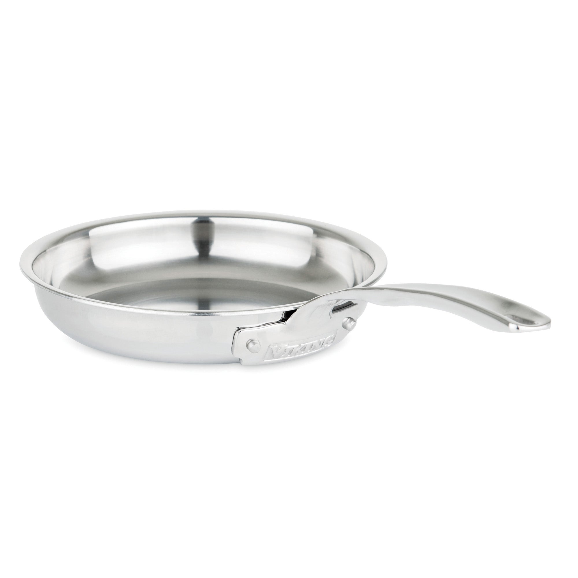 The Viking Culinary Products 3-Ply Stainless Steel 15-Piece Cookware Set with Glass Lids features shiny, reflective pans with sturdy curved handles, displayed on a plain white background.