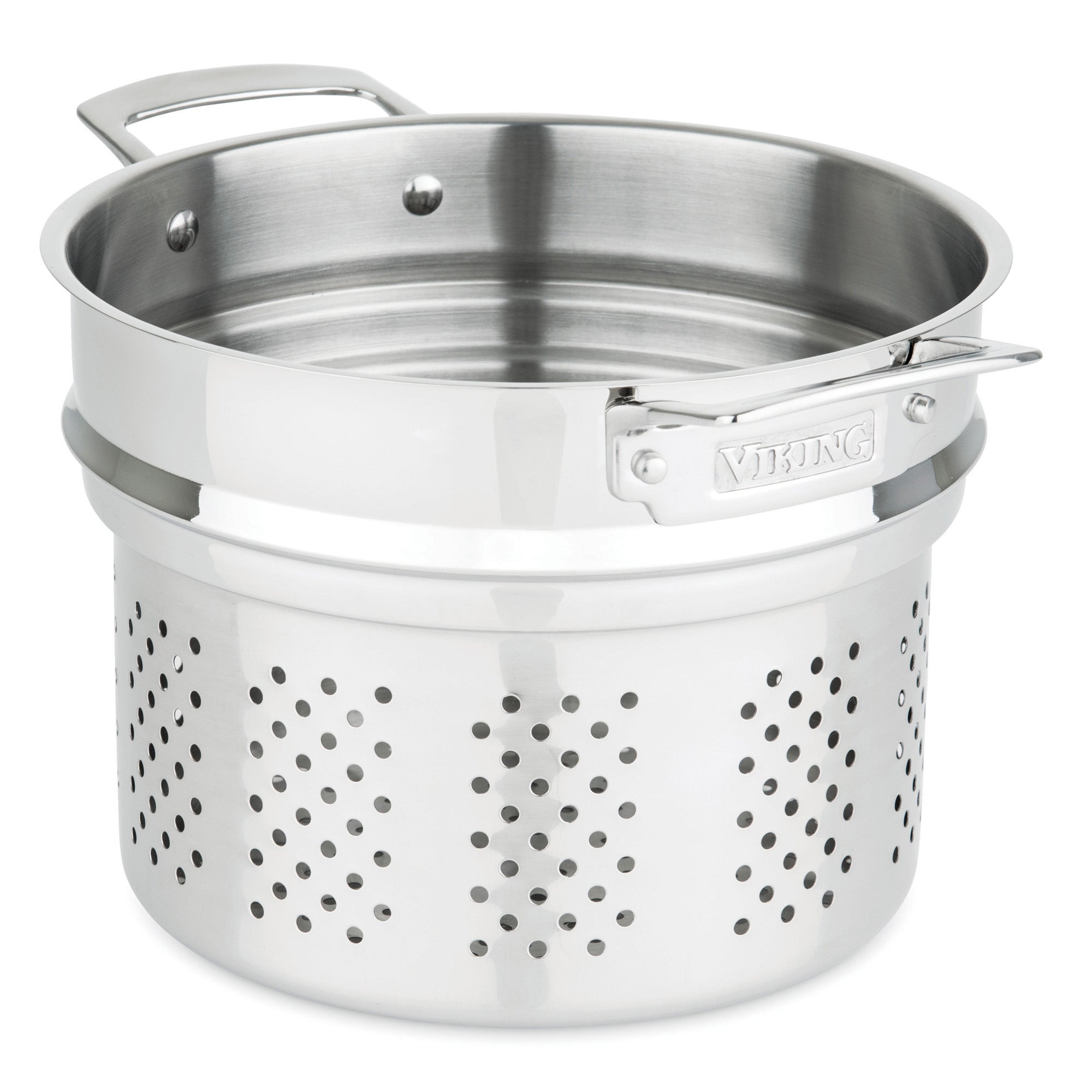 The Viking Culinary Products 3-Ply Stainless Steel 15-Piece Cookware Set with Glass Lids features a pasta pot with matching steamer insert, side handles, and perforated holes for draining, shown on a white background.