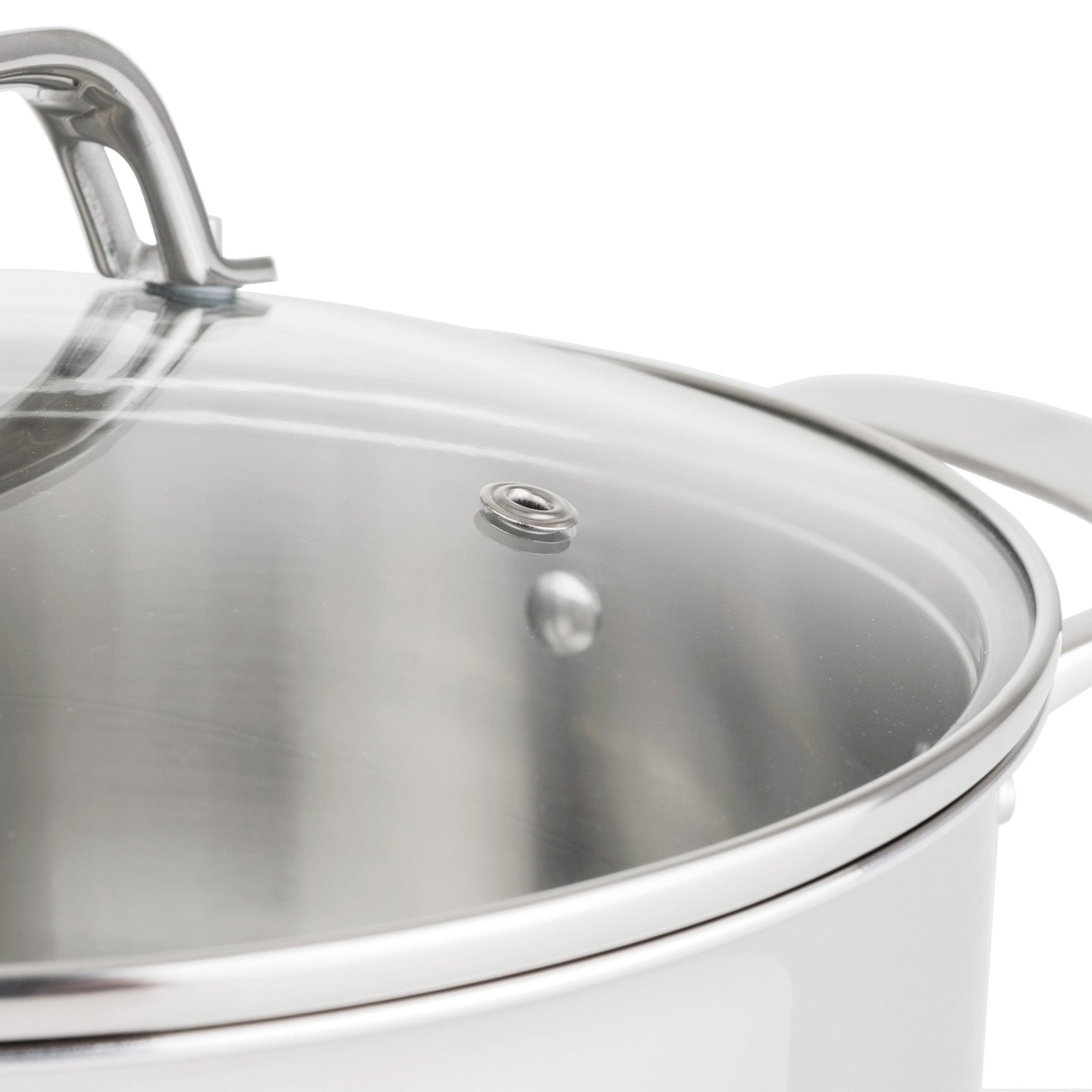 Close-up of the Viking Culinary Products 3-Ply Stainless Steel 15-Piece Cookware Set with Glass Lids shows a handle, lid vent, and side handle, highlighting the quality craftsmanship expected from Viking oven-safe pans.