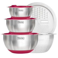 Product Image for Viking 8-Piece Stainless Steel Mixing Bowl Prep Set with Strainer and Cutting Lid, Red
