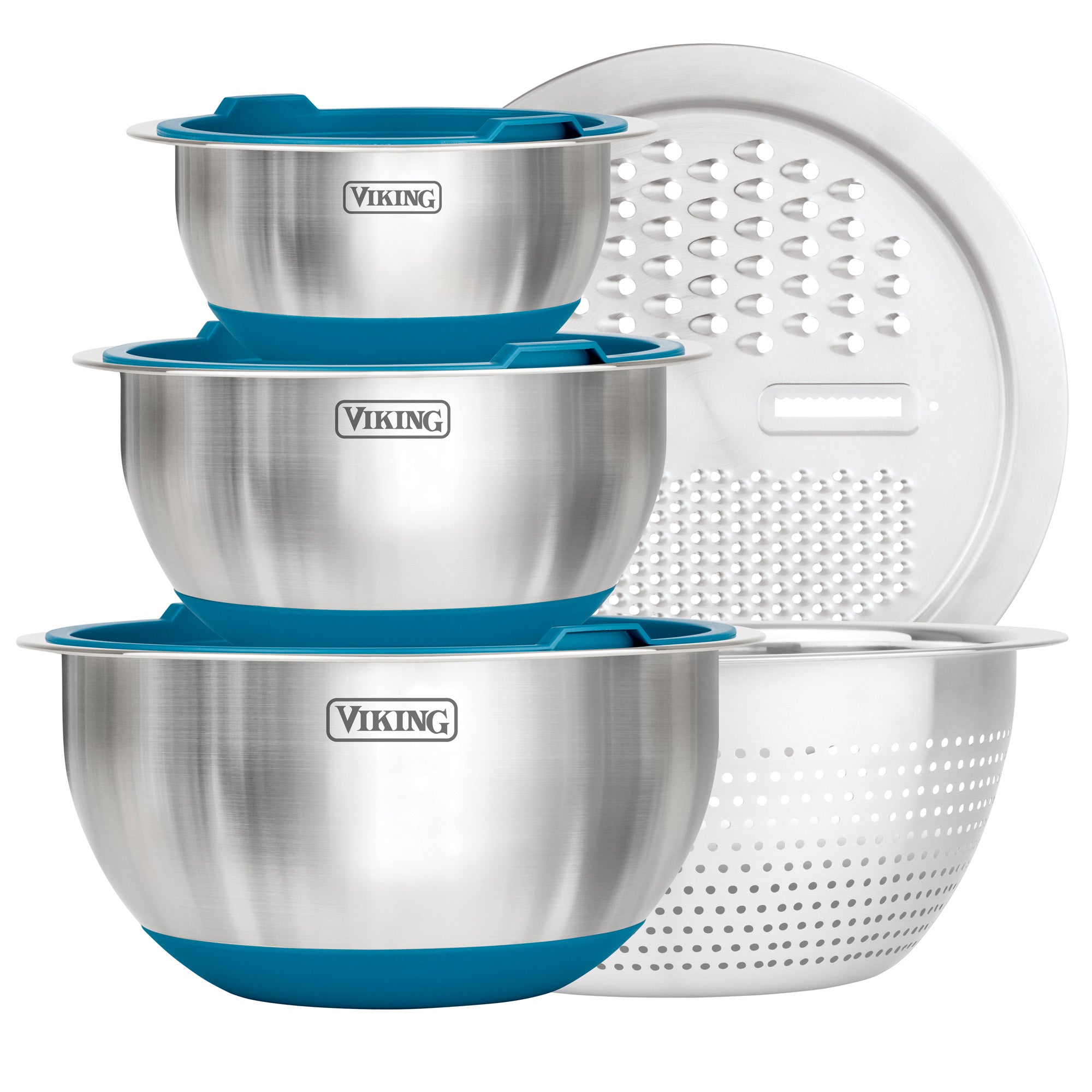 Viking 8-Piece Stainless Steel Mixing Bowl Prep Set with Strainer and Cutting Lid, Teal