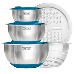 Product Image for Viking 8-Piece Stainless Steel Mixing Bowl Prep Set with Strainer and Cutting Lid, Teal