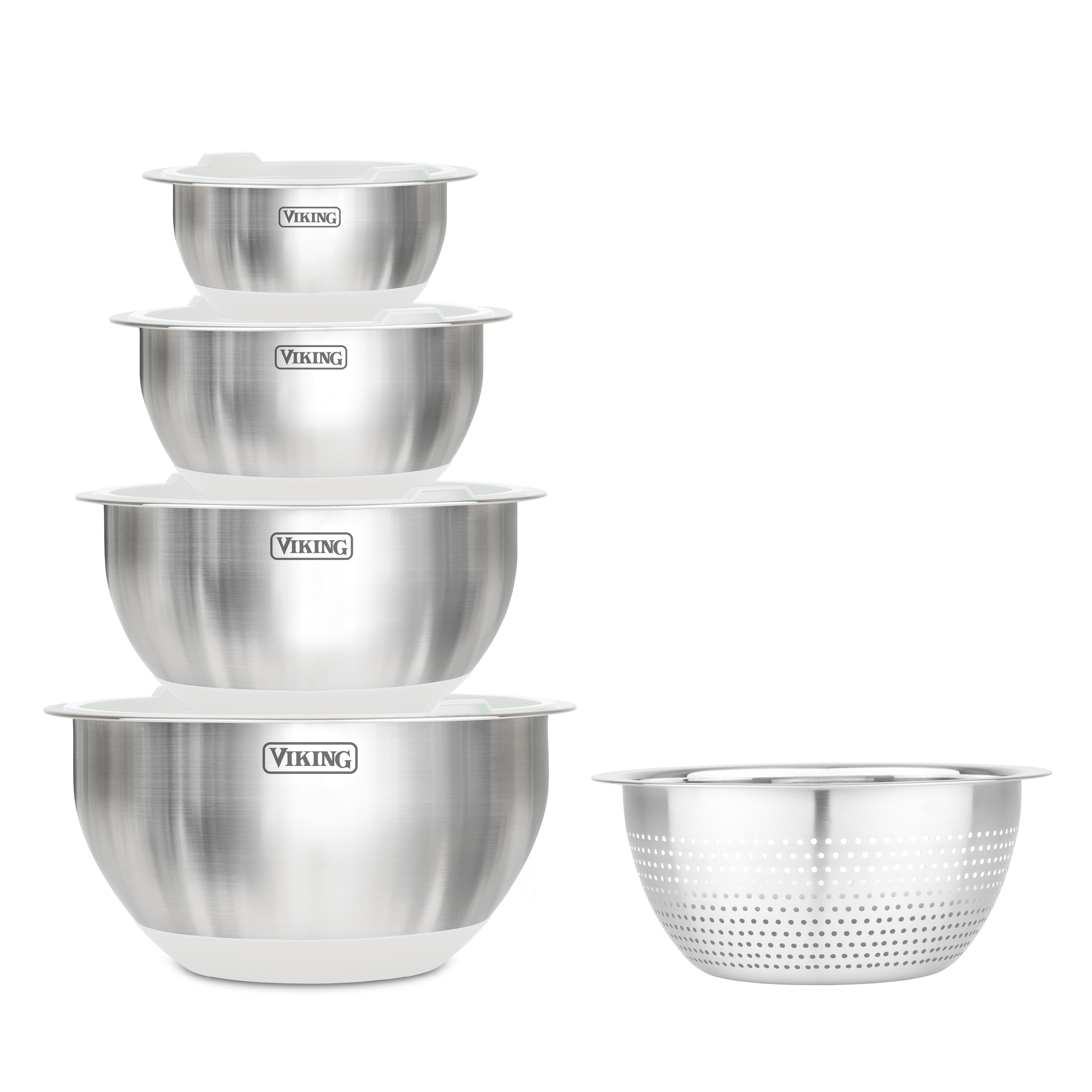 The Viking 9-Piece Stainless Steel Mixing Bowl Set with Strainer by Viking Culinary Products includes frost white bowls that nest inside each other, plus a matching strainer. All pieces display the signature Viking logo on the front.