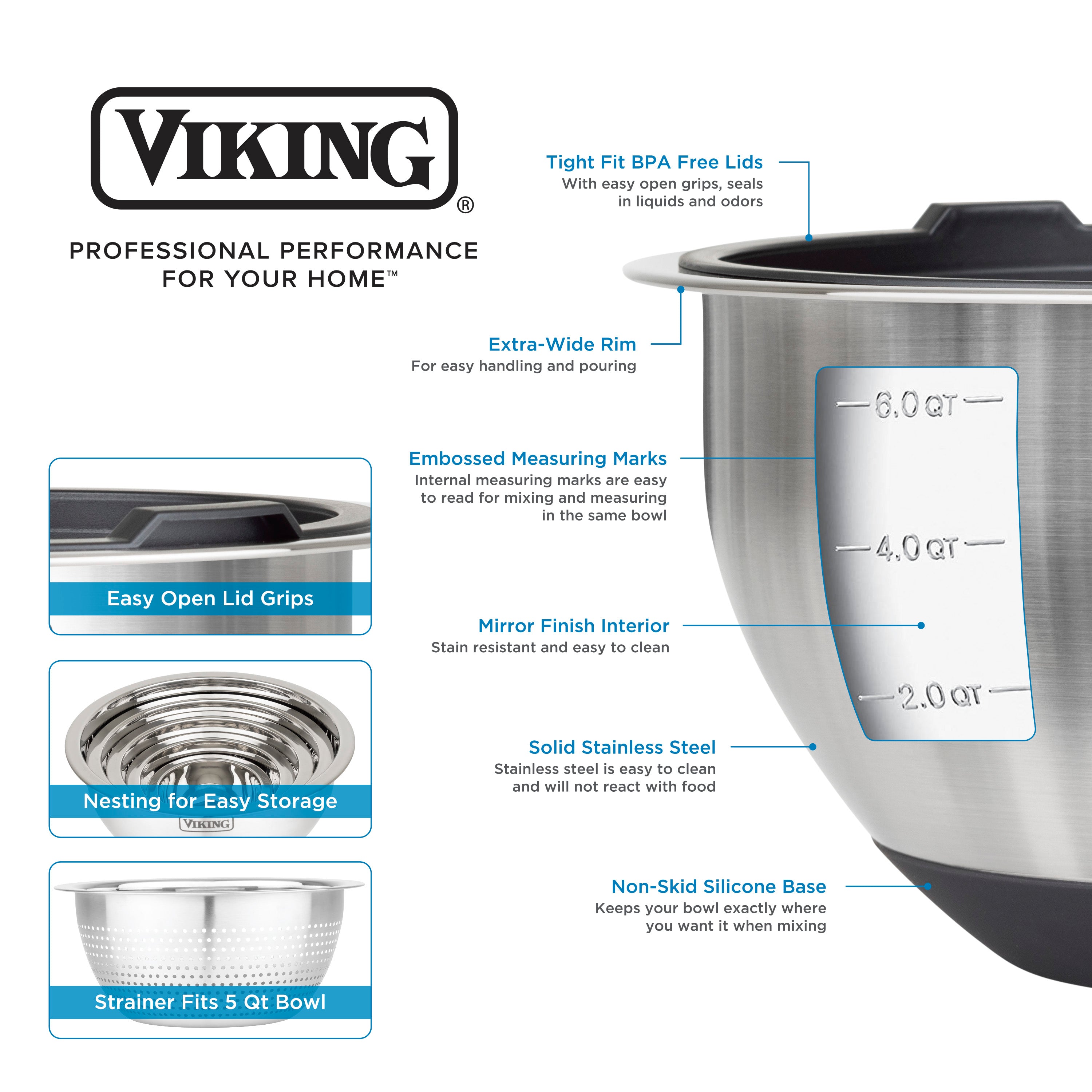 Viking 9-Piece Stainless Steel Mixing Bowl Set with Strainer, Black