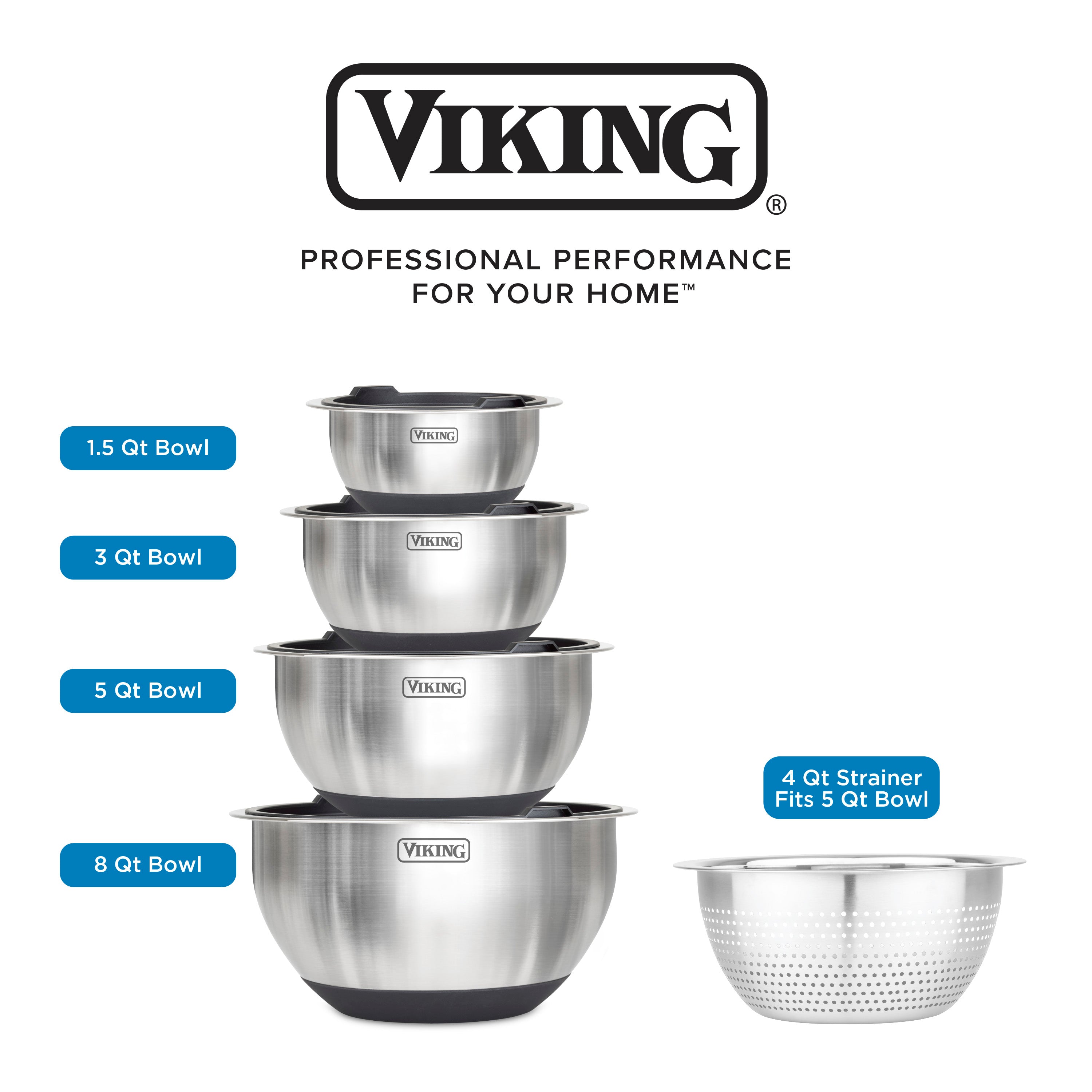 The Viking 9-Piece Stainless Steel Mixing Bowl Set with Strainer by Viking Culinary Products includes four bowls with lids (1.5, 3, 5, 8 qt), silicone bases, and a strainer fitting the 5-qt bowl. Viking branding appears above the set.
