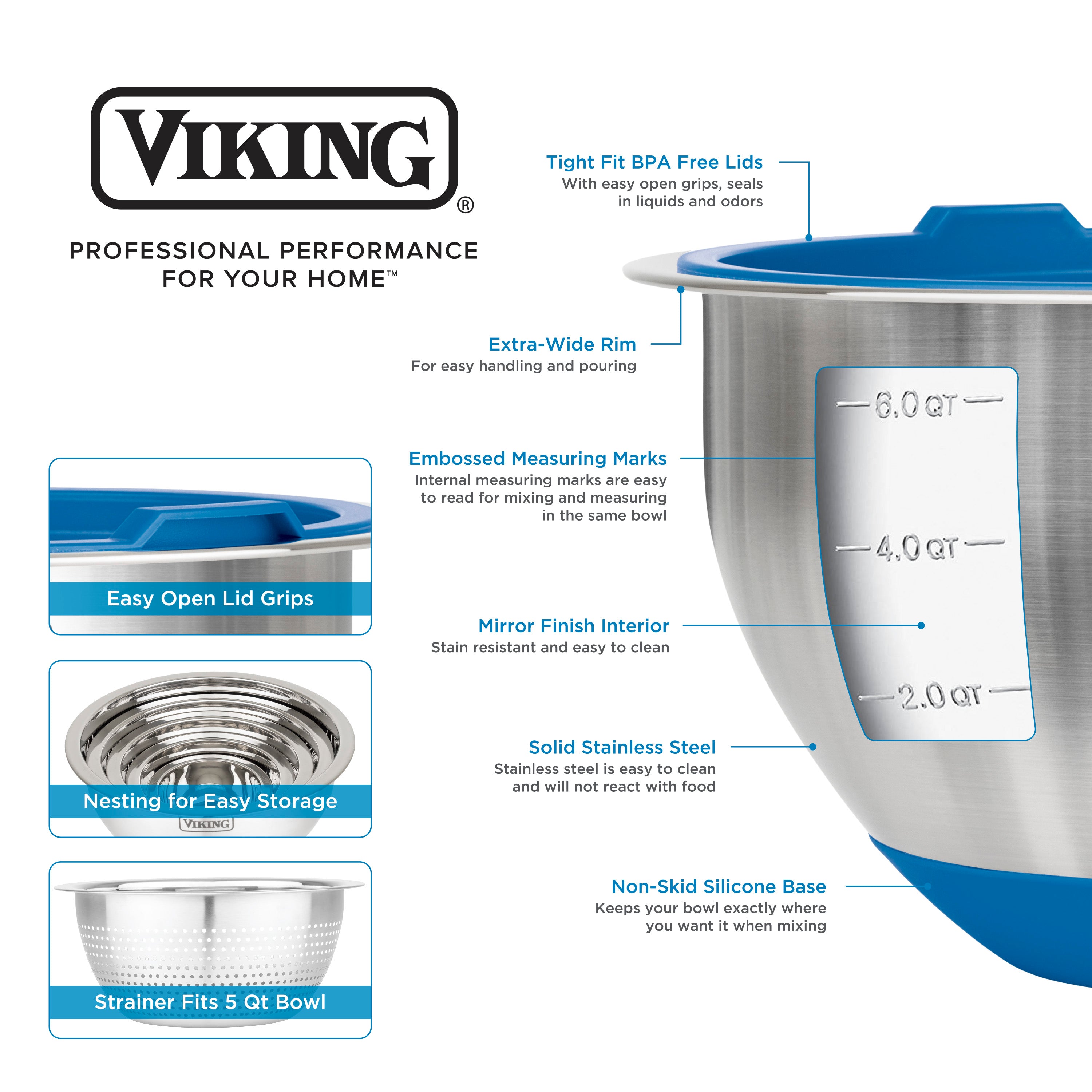 The Viking 9-Piece Stainless Steel Mixing Bowl Set with Strainer by Viking Culinary Products features blue accents, airtight lids, wide rims, embossed measurements, mirror finish, easy-grip lips, nesting design, and non-skid silicone bases.