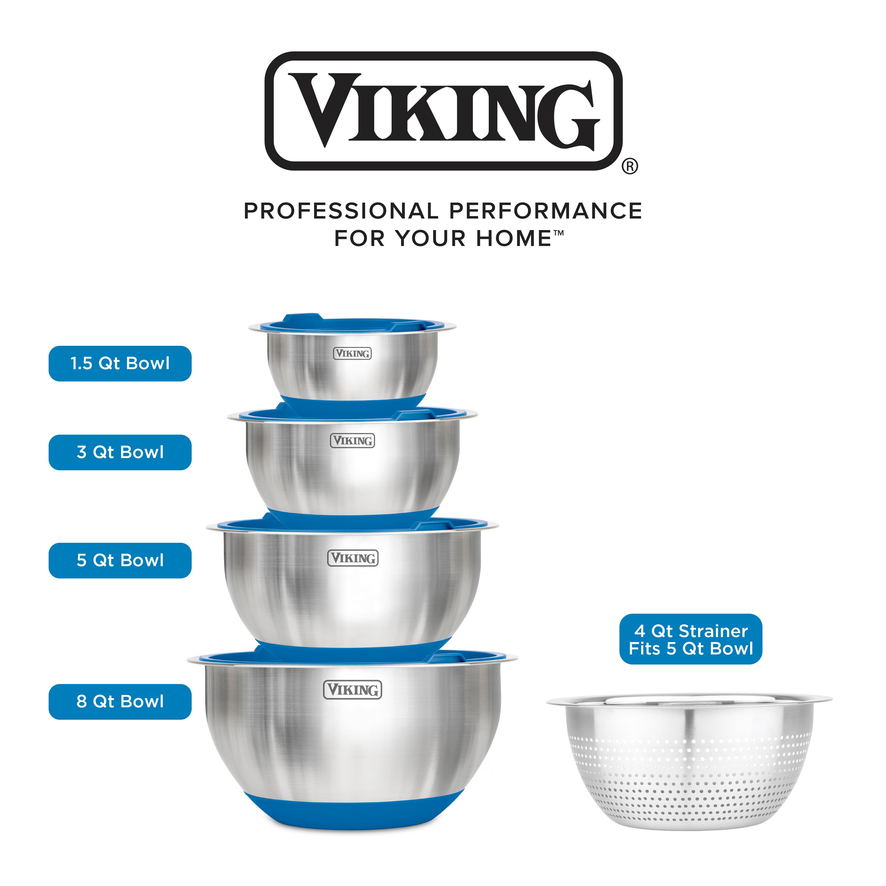 Viking 9-Piece Stainless Steel Mixing Bowl Set with Strainer, Blue