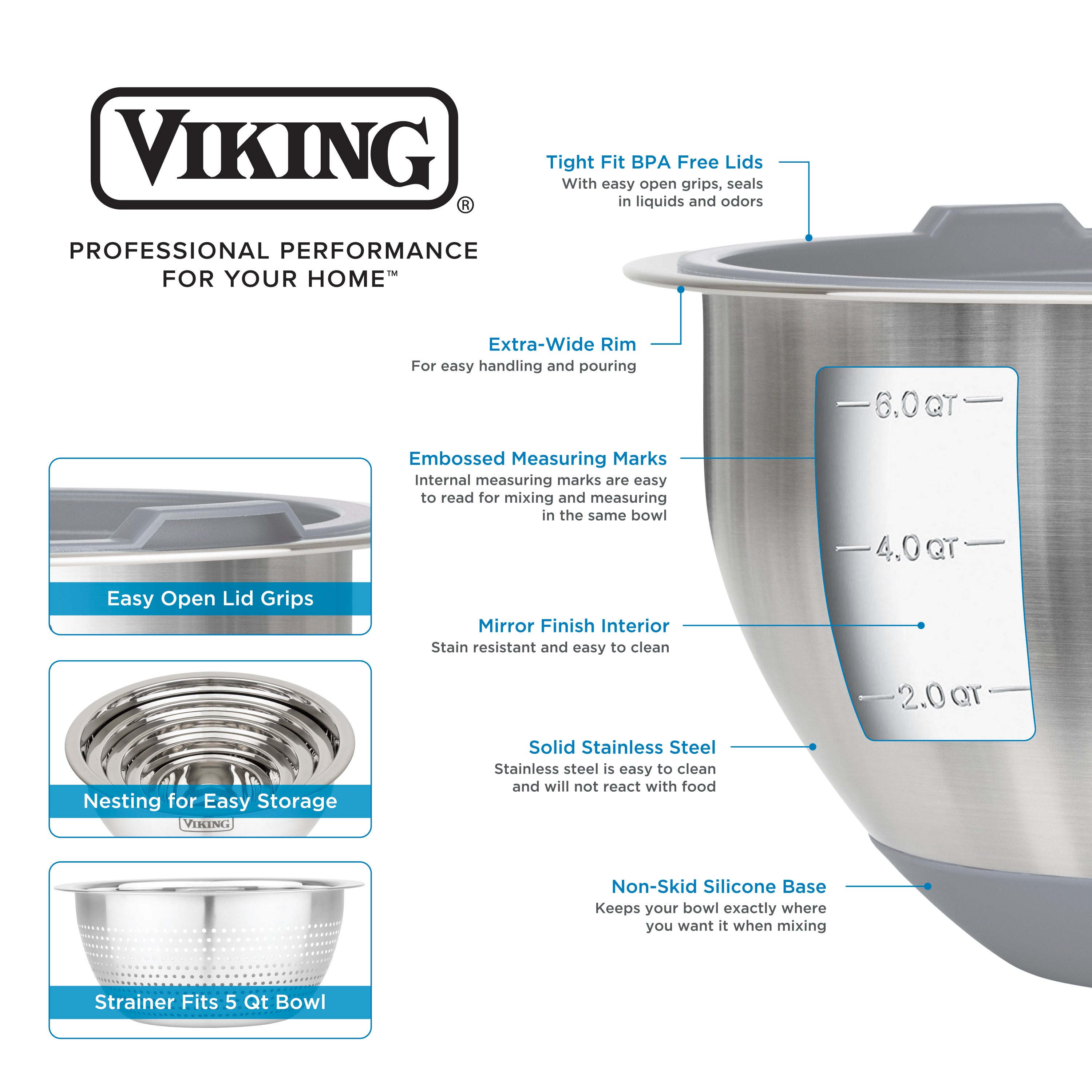 The Viking Culinary Products 9-Piece Stainless Steel Mixing Bowl Set with Strainer features airtight lids, wide rims, measuring marks, easy open grips, a nesting design, stainless steel construction, and non-skid silicone bases.