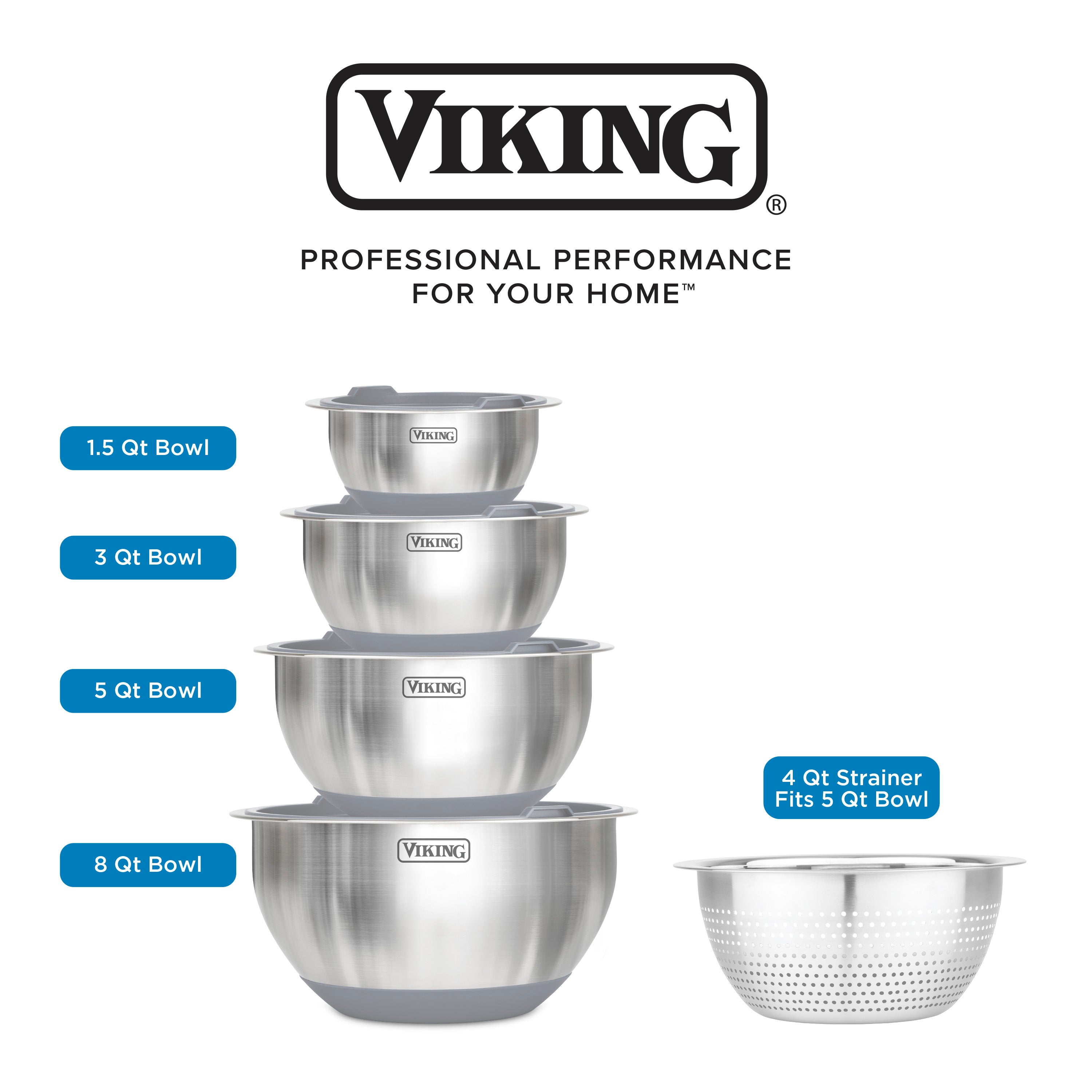 Viking 9-Piece Stainless Steel Mixing Bowl Set with Strainer, Gray