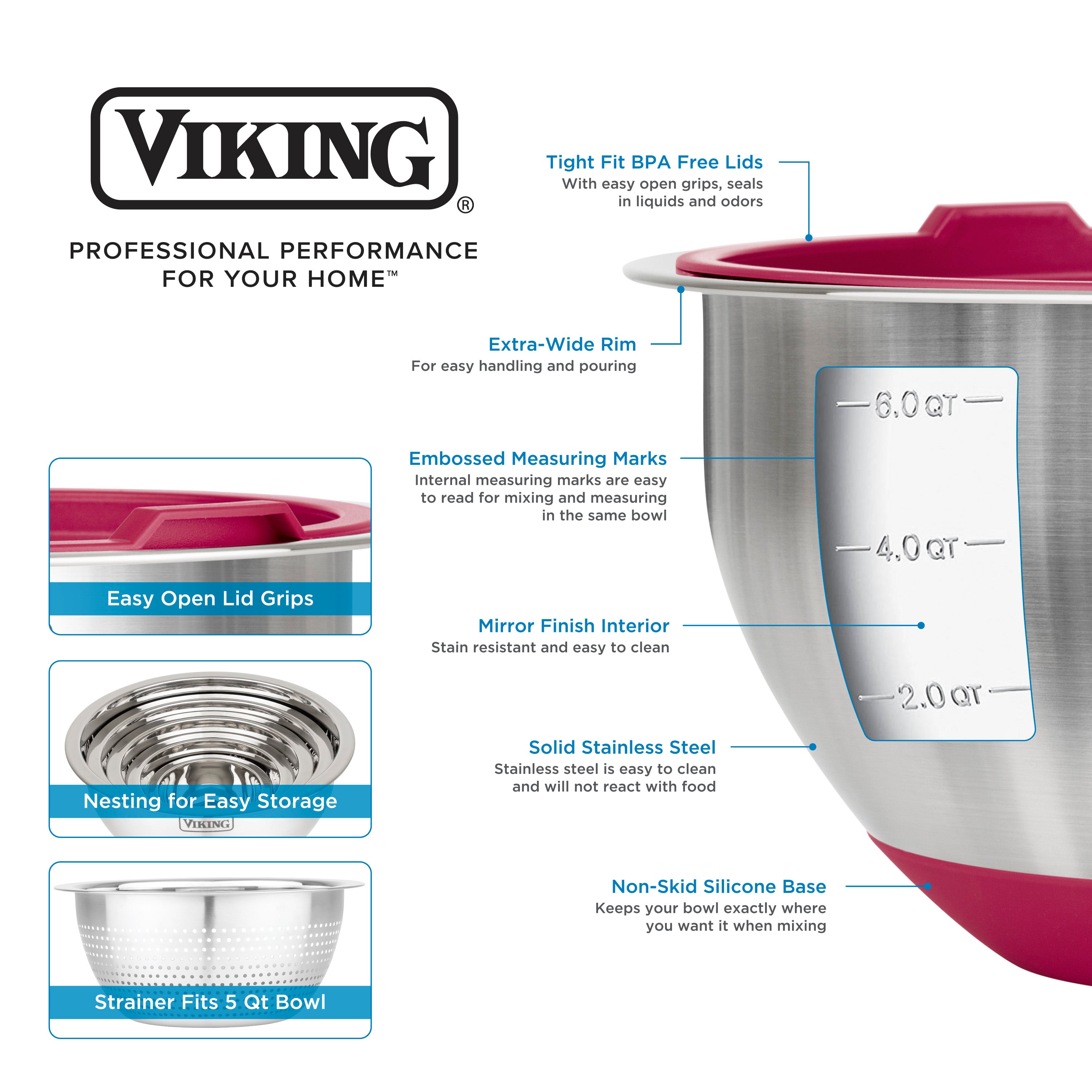 Diagram shows features of the Viking 9-Piece Stainless Steel Mixing Bowl Set with Strainer by Viking Culinary Products: airtight lids, extra-wide rims, embossed measurements, mirror-finish interiors, solid steel, non-skid bases, and compact storage grips.