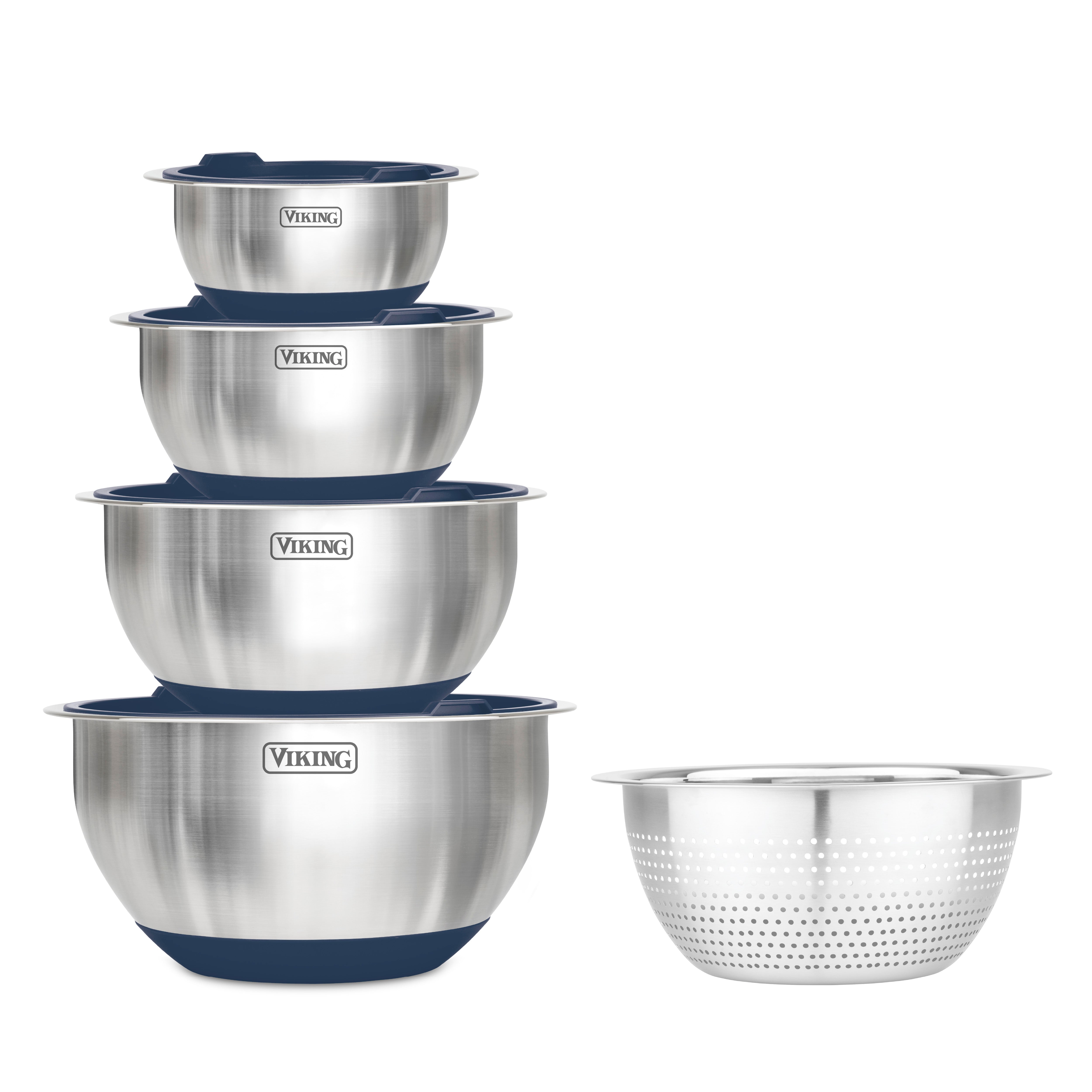 Four Viking Culinary stainless steel mixing bowls with slate blue bases and lids are stacked on the left, with a matching strainer on the right. All items are from the Viking 9-Piece Stainless Steel Mixing Bowl Set with Strainer.