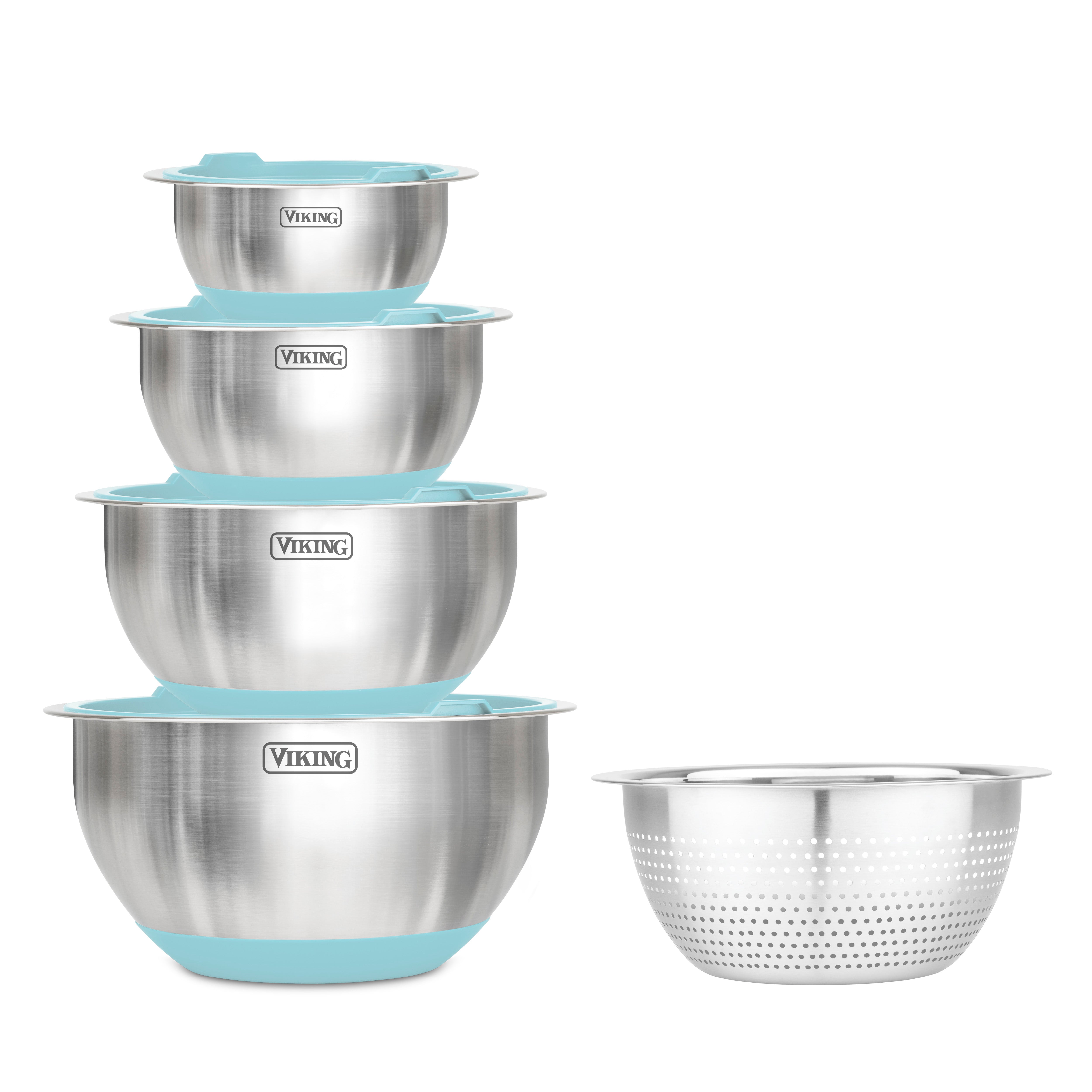 The Viking 9-Piece Stainless Steel Mixing Bowl Set with Strainer in Splash Blue by Viking Culinary Products includes four nesting bowls with blue silicone bases and lids, stacked left, and a matching perforated colander on the right.