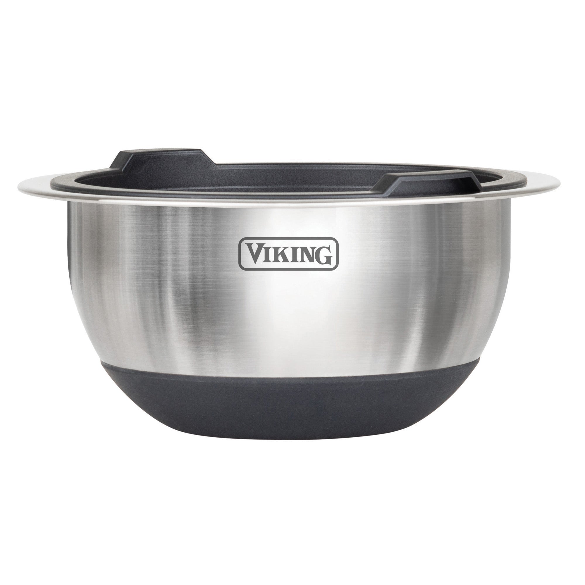 The Viking 8-Piece Stainless Steel Mixing Bowl Set with Lids by Viking Culinary Products features black silicone bases and rims, displayed against a white background.
